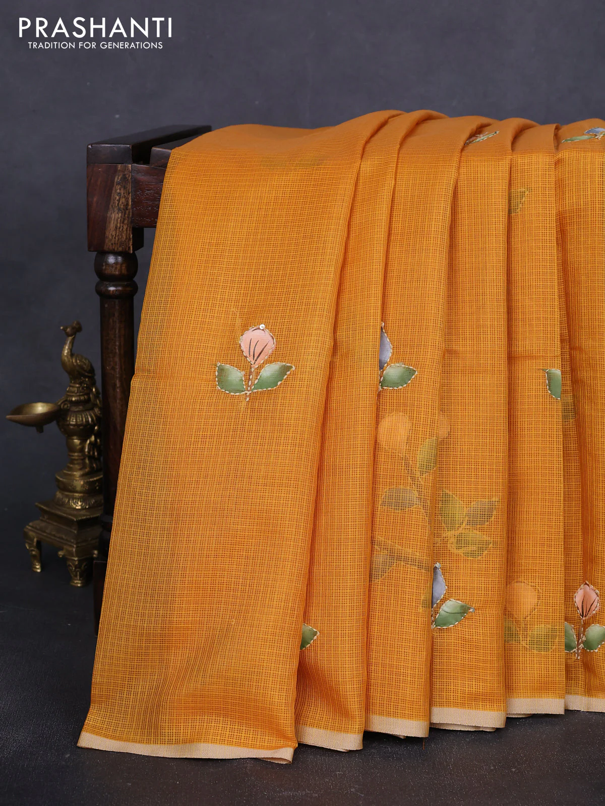 Kota saree dark mustard with hand prints & kantha stitch work and zari woven piping border - Image 2