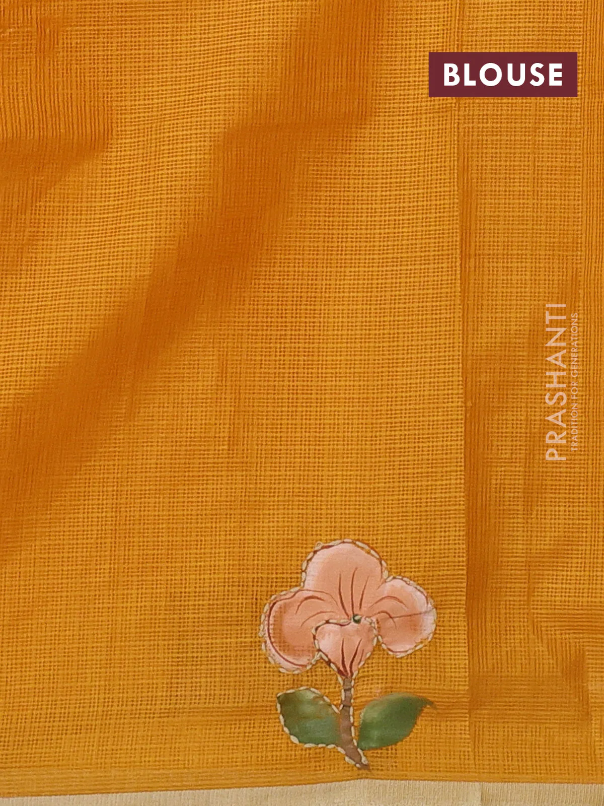 Kota saree dark mustard with hand prints & kantha stitch work and zari woven piping border - Image 3