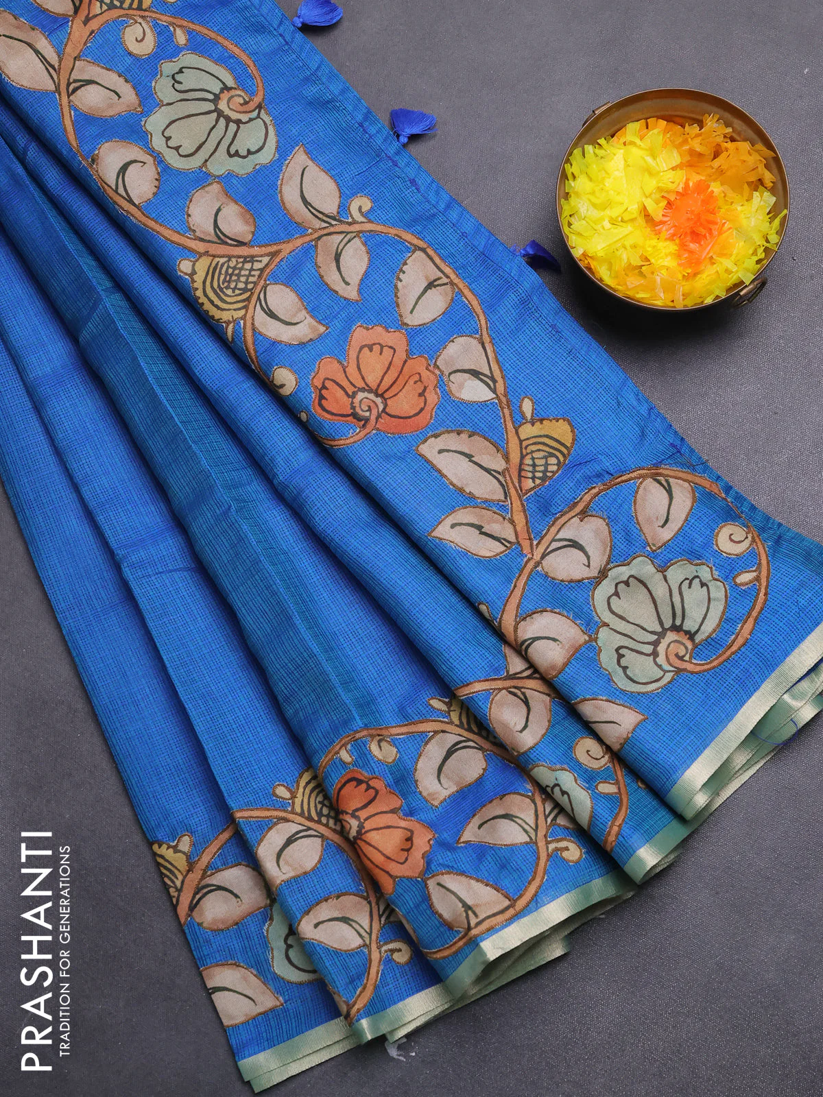 Kota saree dual shade of blue with kalamkari applique work - Image 2