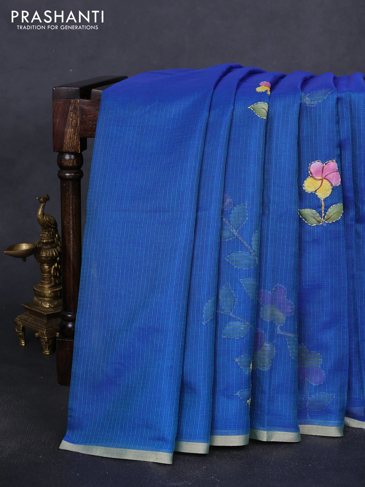 Kota saree dual shade of bluish green with hand prints & kantha stitch work and zari woven piping border - Image 2