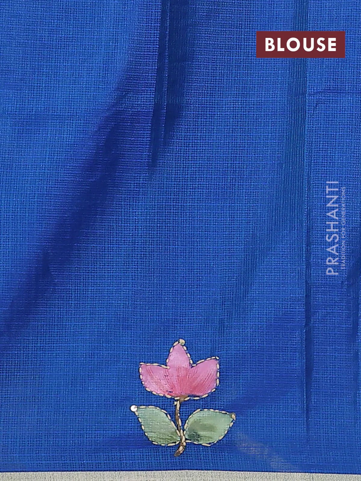 Kota saree dual shade of bluish green with hand prints & kantha stitch work and zari woven piping border - Image 3