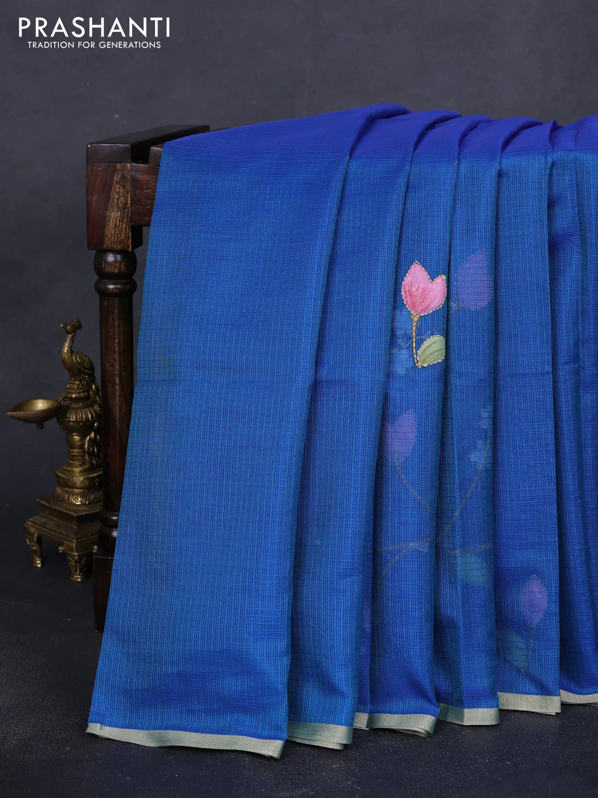 Kota saree dual shade of bluish green with hand prints & kantha stitch work and zari woven piping border - Image 2