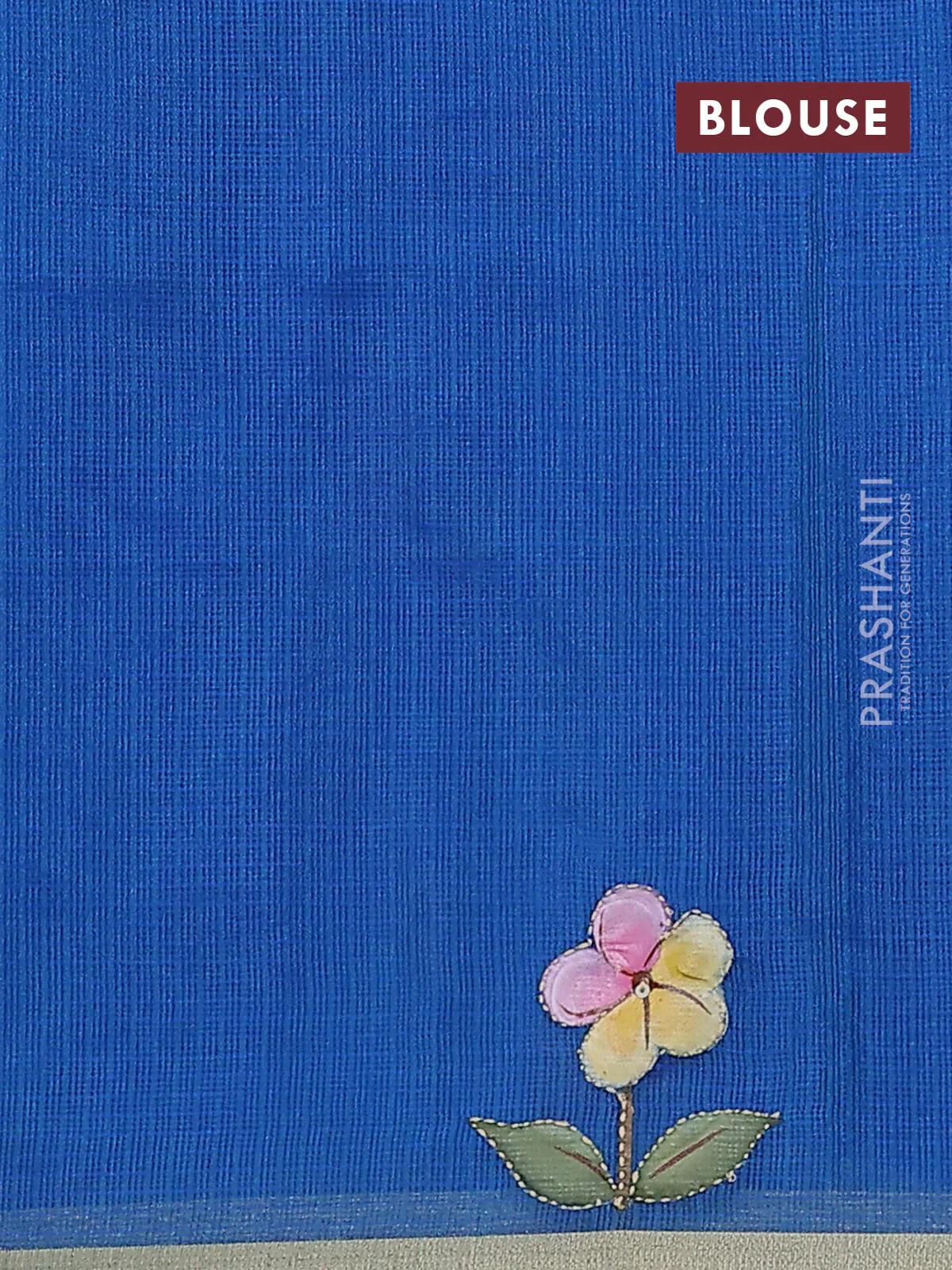 Kota saree dual shade of bluish green with hand prints & kantha stitch work and zari woven piping border - Image 3