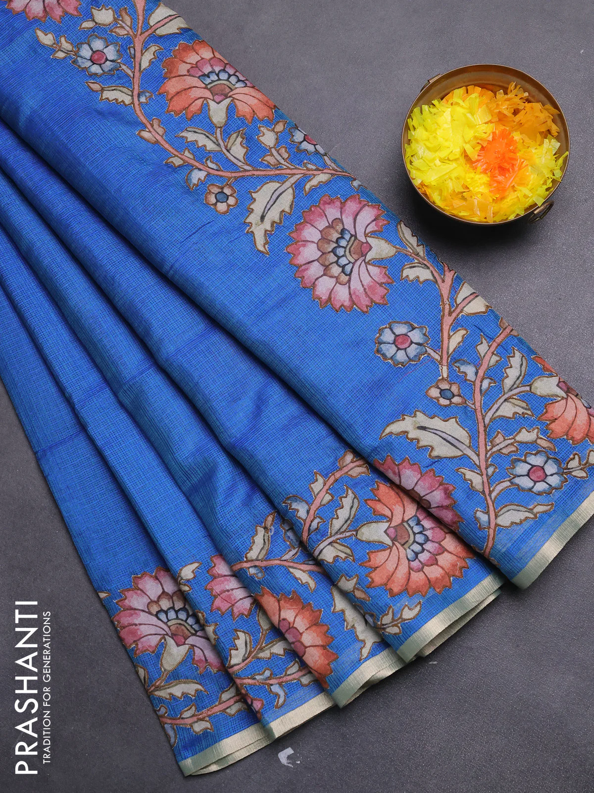 Kota saree dual shade of bluish green with kalamkari applique work - Image 2