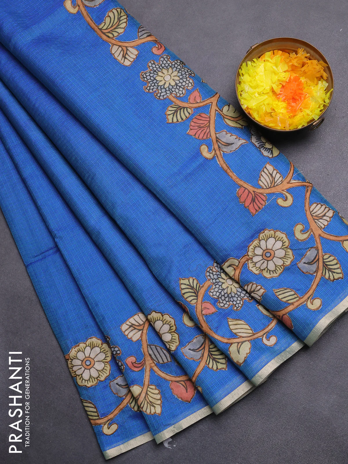 Kota saree dual shade of bluish green with kalamkari applique work - Image 2