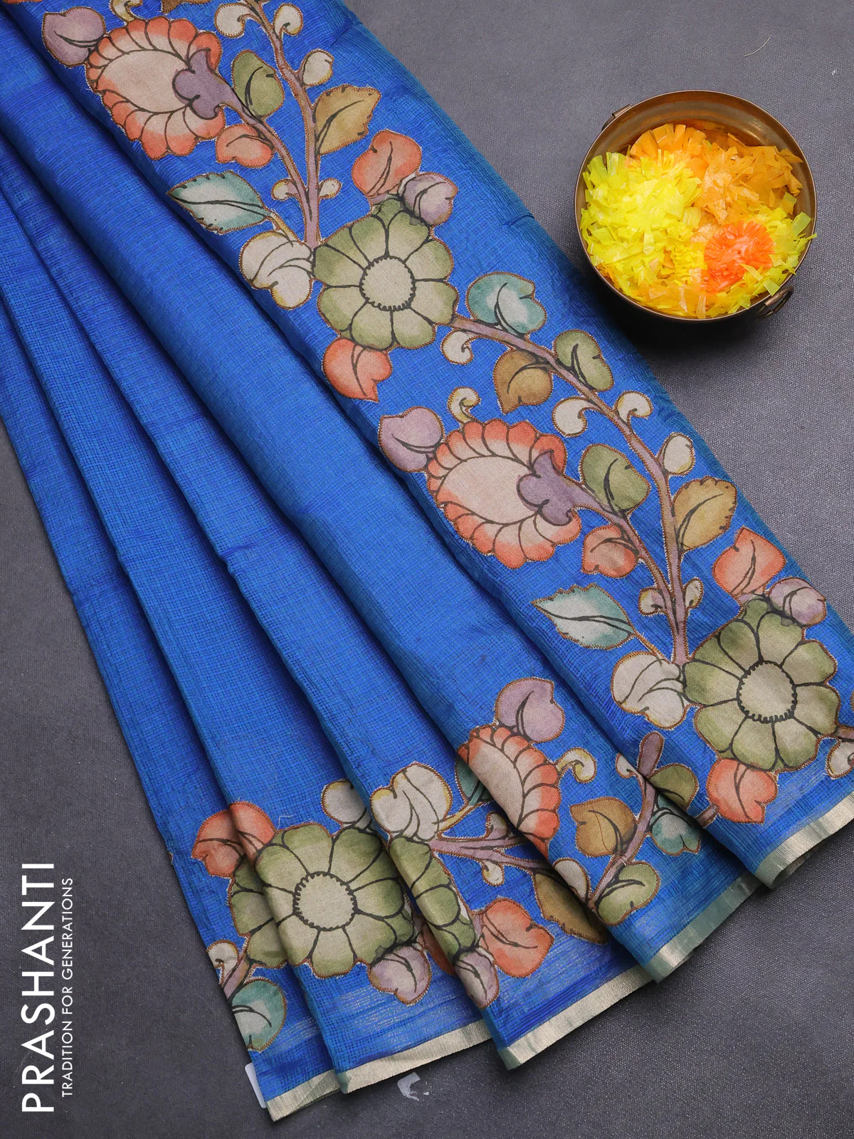 Kota saree dual shade of bluish green with kalamkari applique work - Image 2