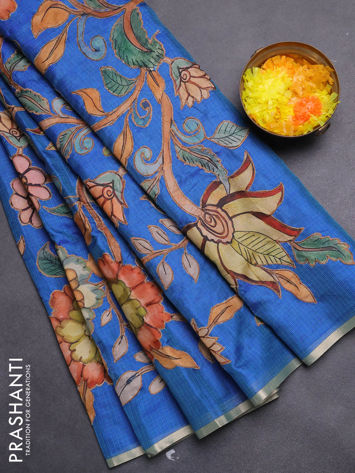 Kota saree dual shade of bluish green with kalamkari applique work - Image 2
