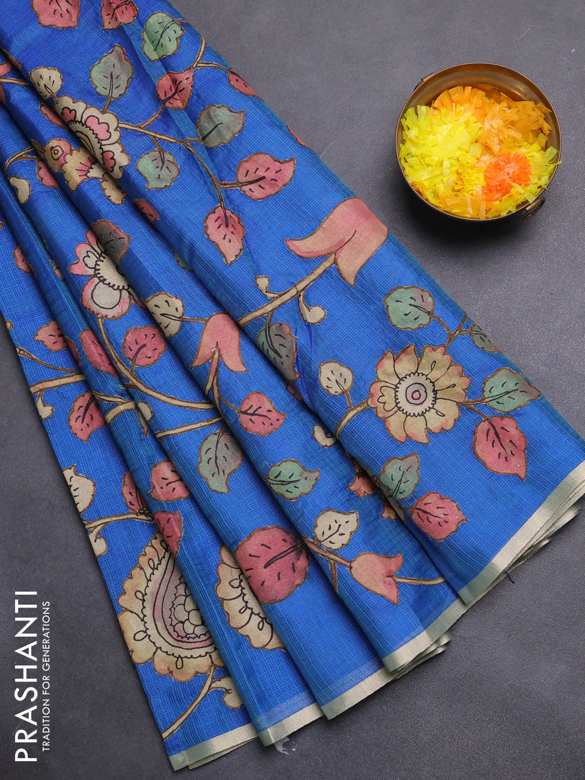Kota saree dual shade of bluish green with kalamkari applique work - Image 2