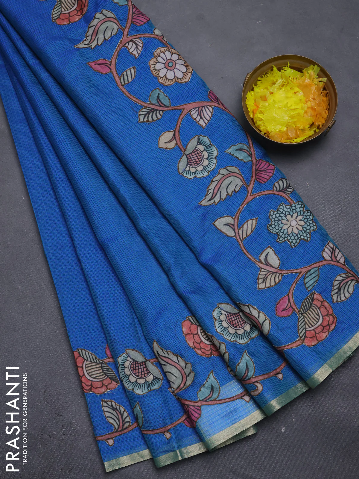Kota saree dual shade of bluish green with kalamkari applique work