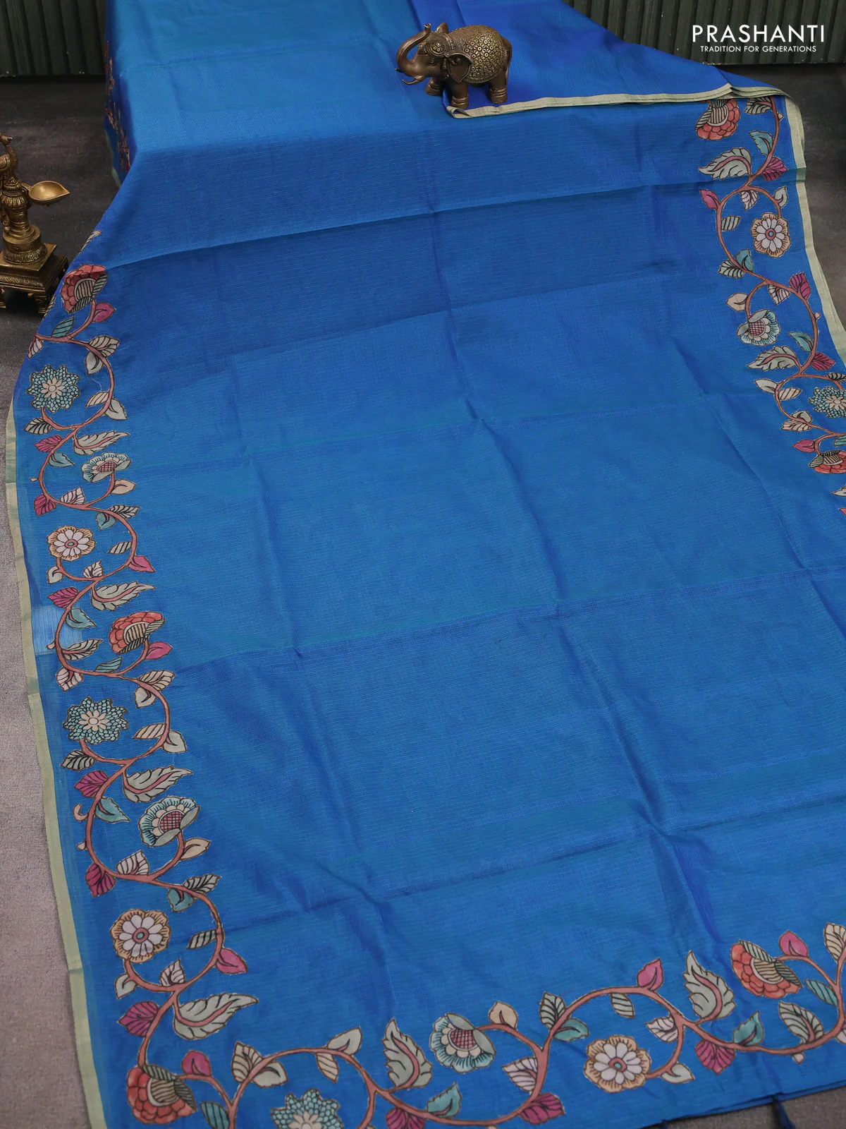 Kota saree dual shade of bluish green with kalamkari applique work - Image 2