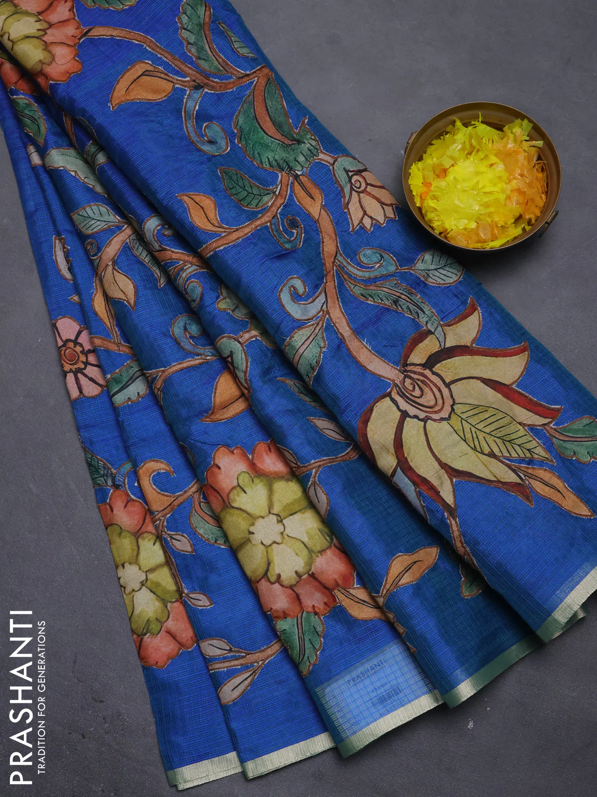 Kota saree dual shade of bluish green with kalamkari applique work