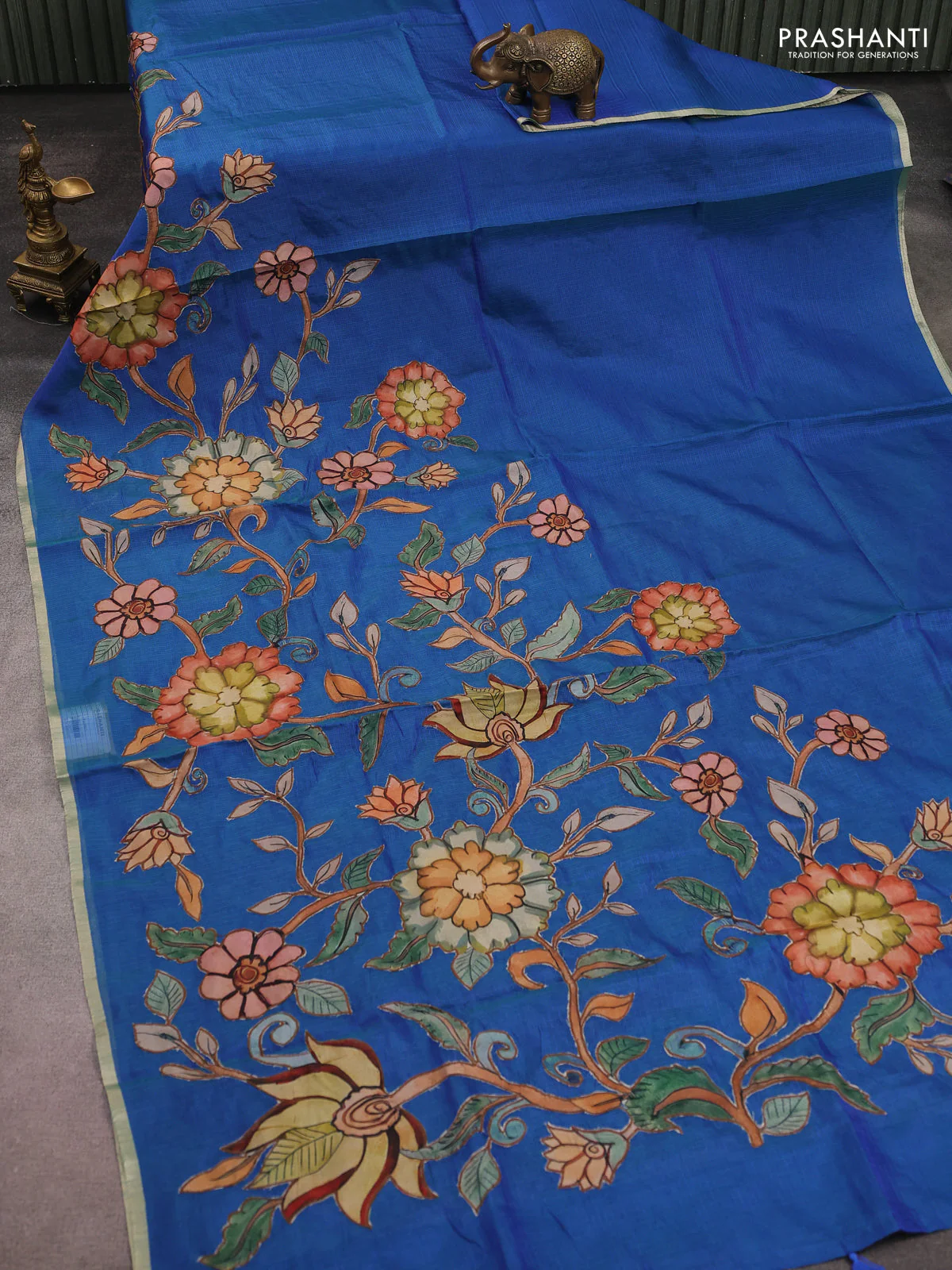 Kota saree dual shade of bluish green with kalamkari applique work - Image 2