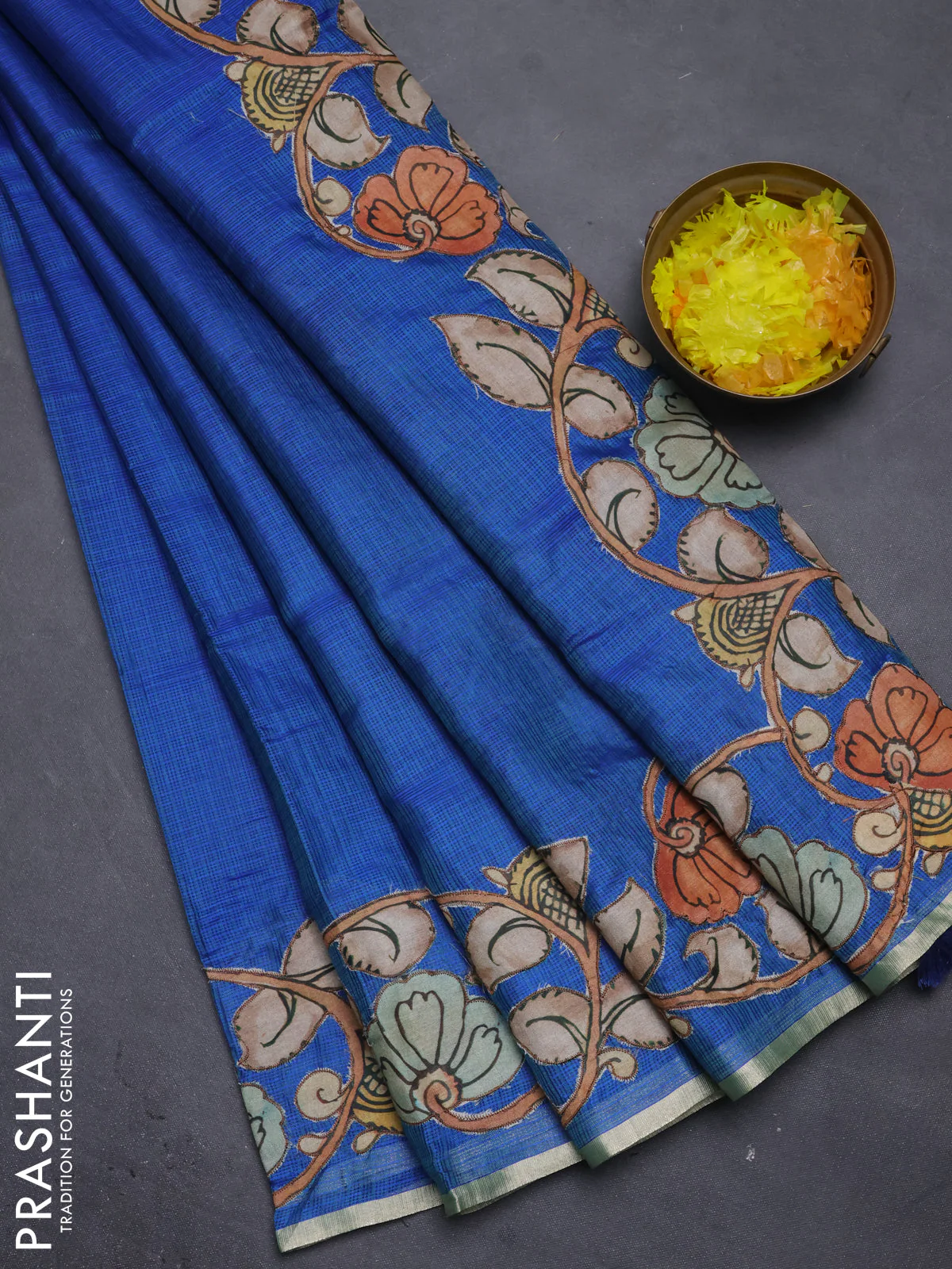 Kota saree dual shade of bluish green with kalamkari applique work