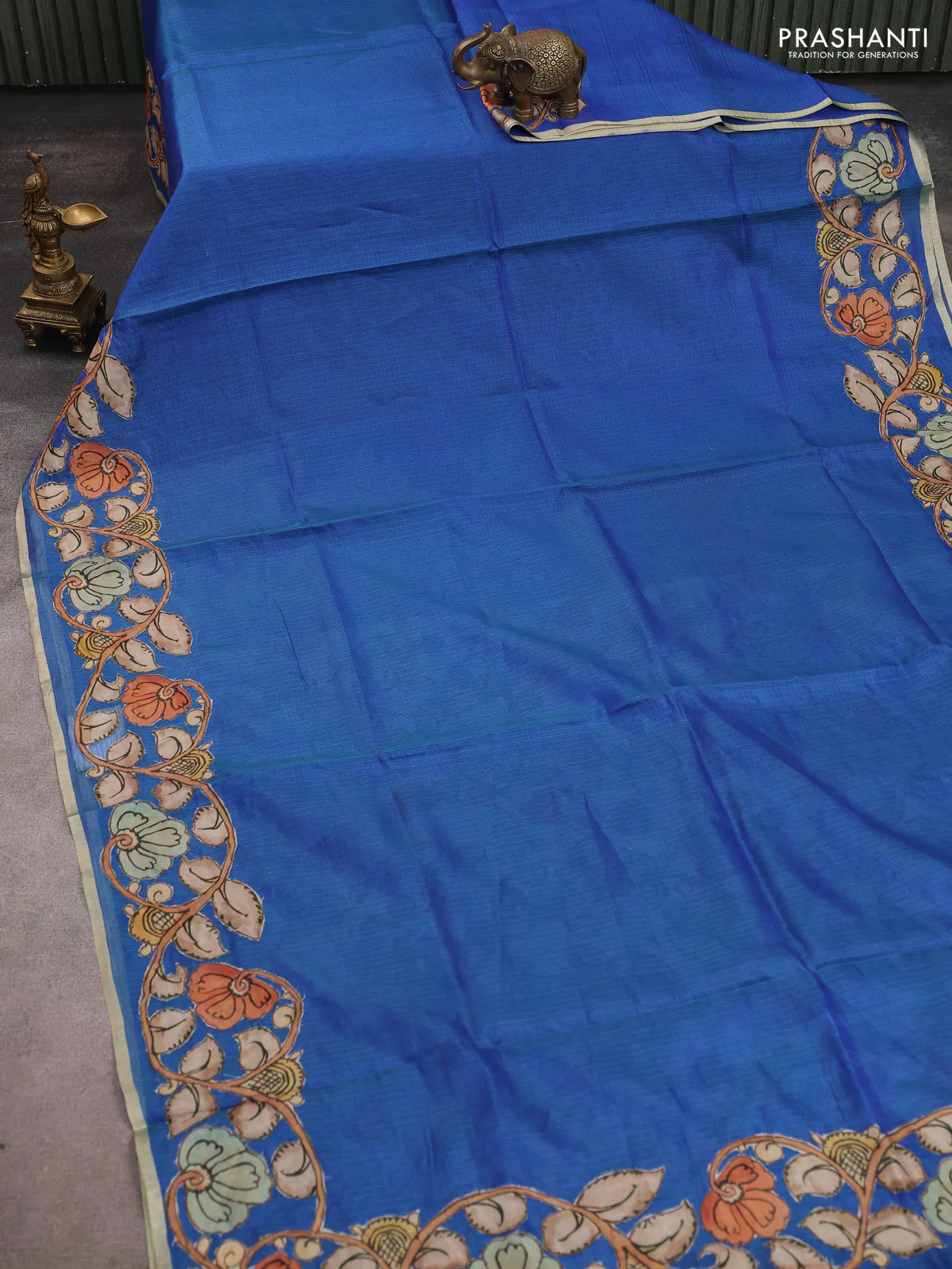 Kota saree dual shade of bluish green with kalamkari applique work - Image 2
