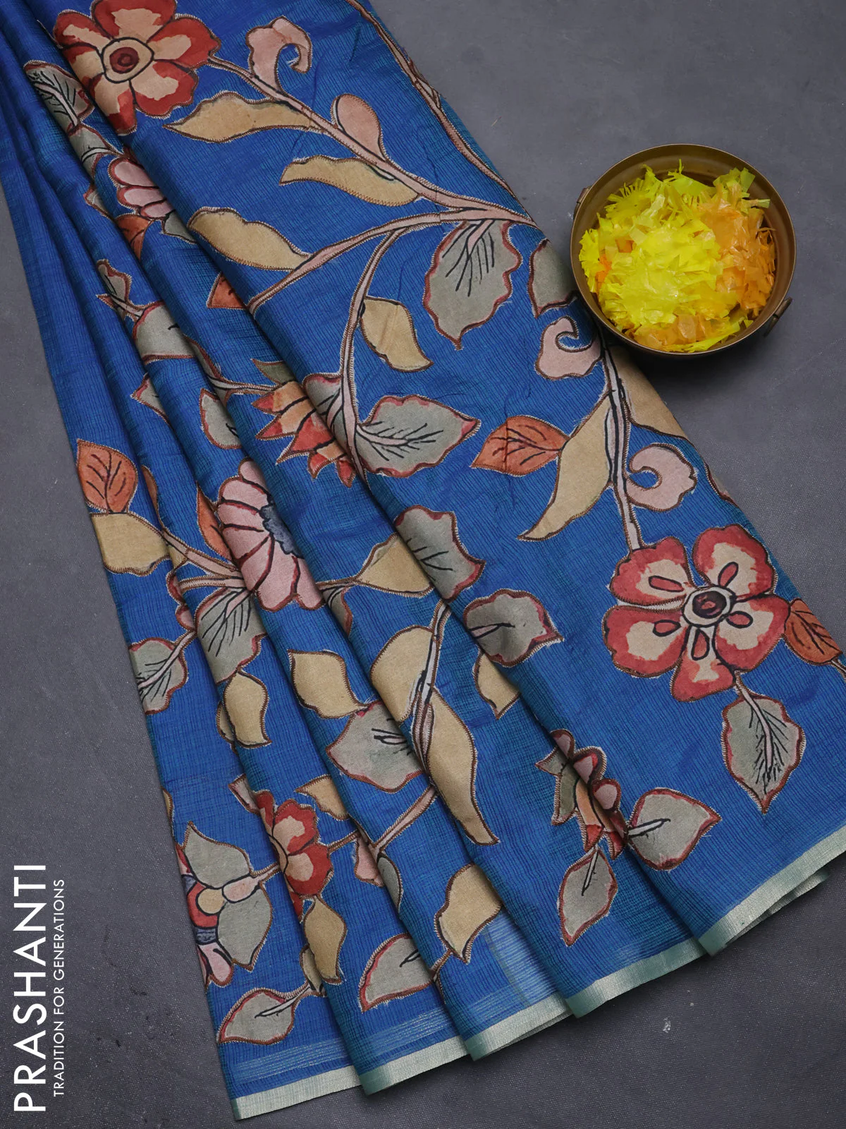 Kota saree dual shade of bluish green with kalamkari applique work