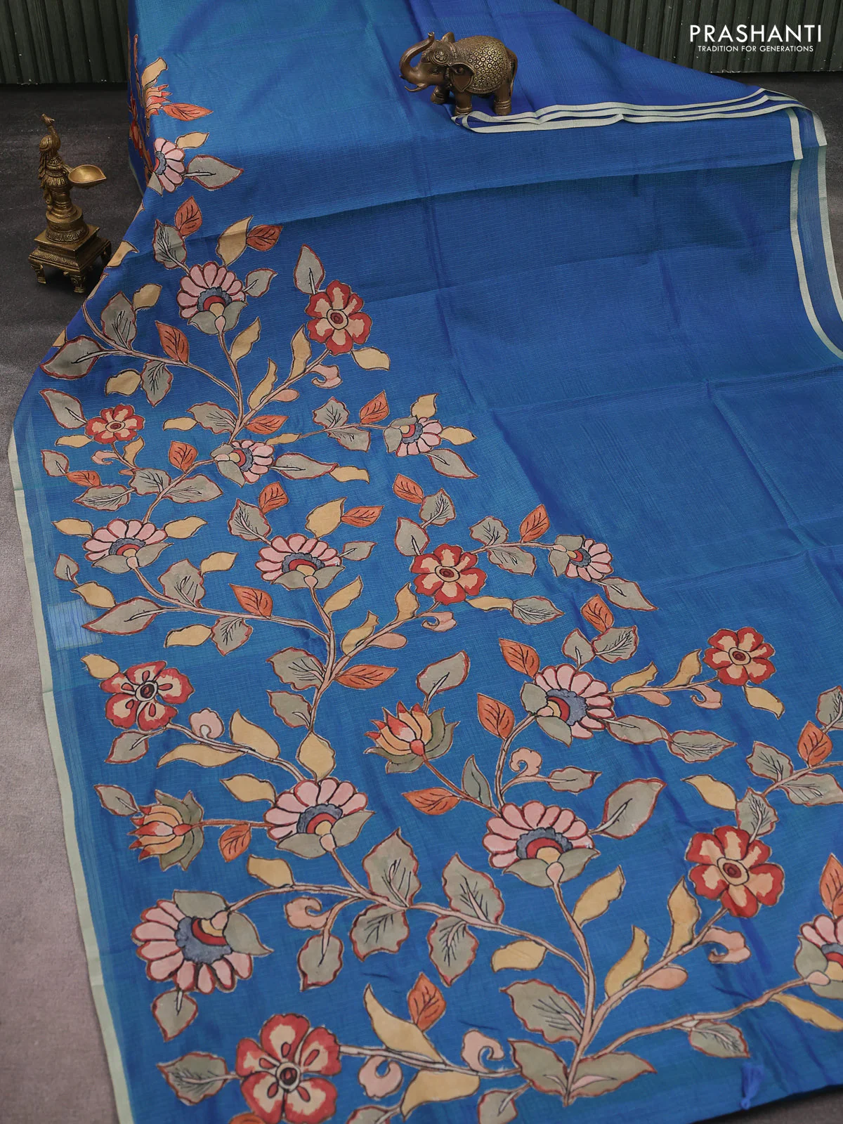 Kota saree dual shade of bluish green with kalamkari applique work - Image 2