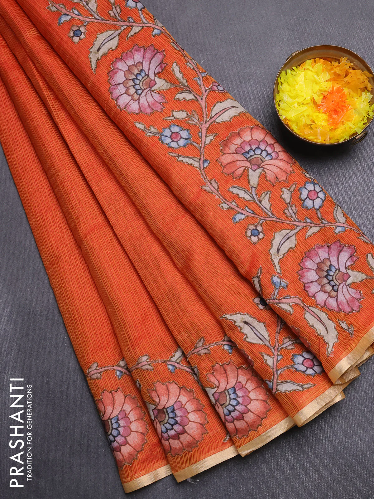 Kota saree dual shade of orange with kalamkari applique work - Image 2