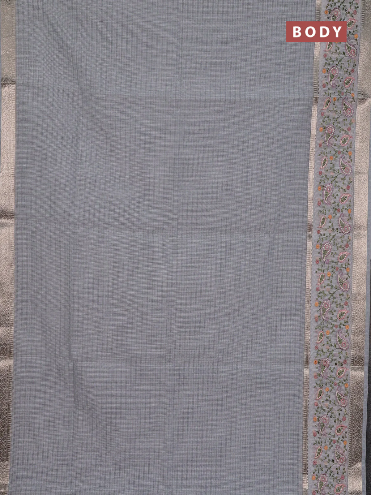 Kota saree grey and off white with plain body and embroidery work border - Image 2