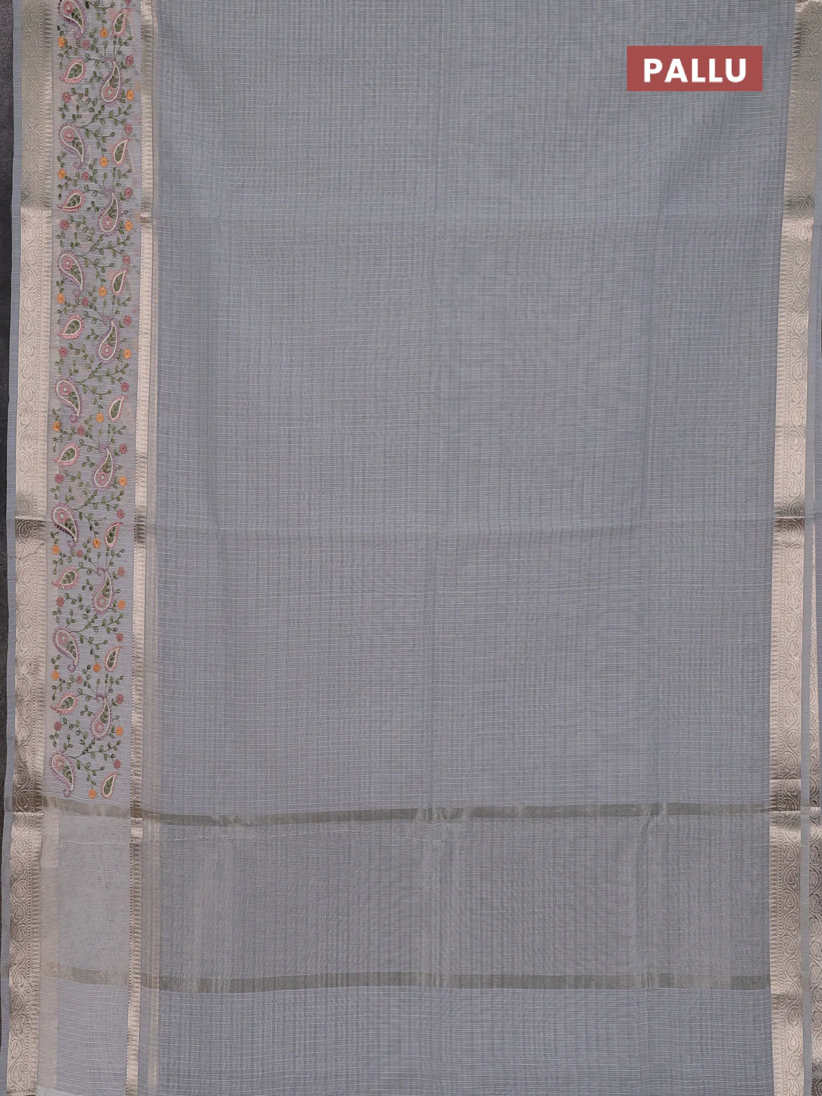 Kota saree grey and off white with plain body and embroidery work border - Image 3