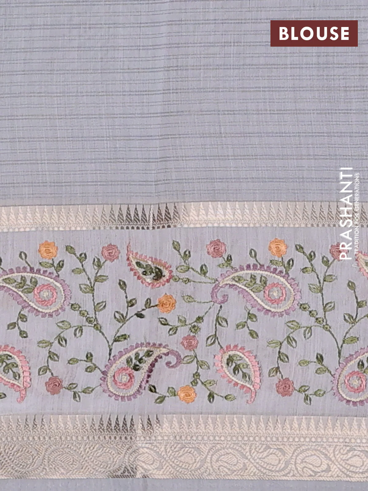 Kota saree grey and off white with plain body and embroidery work border - Image 4