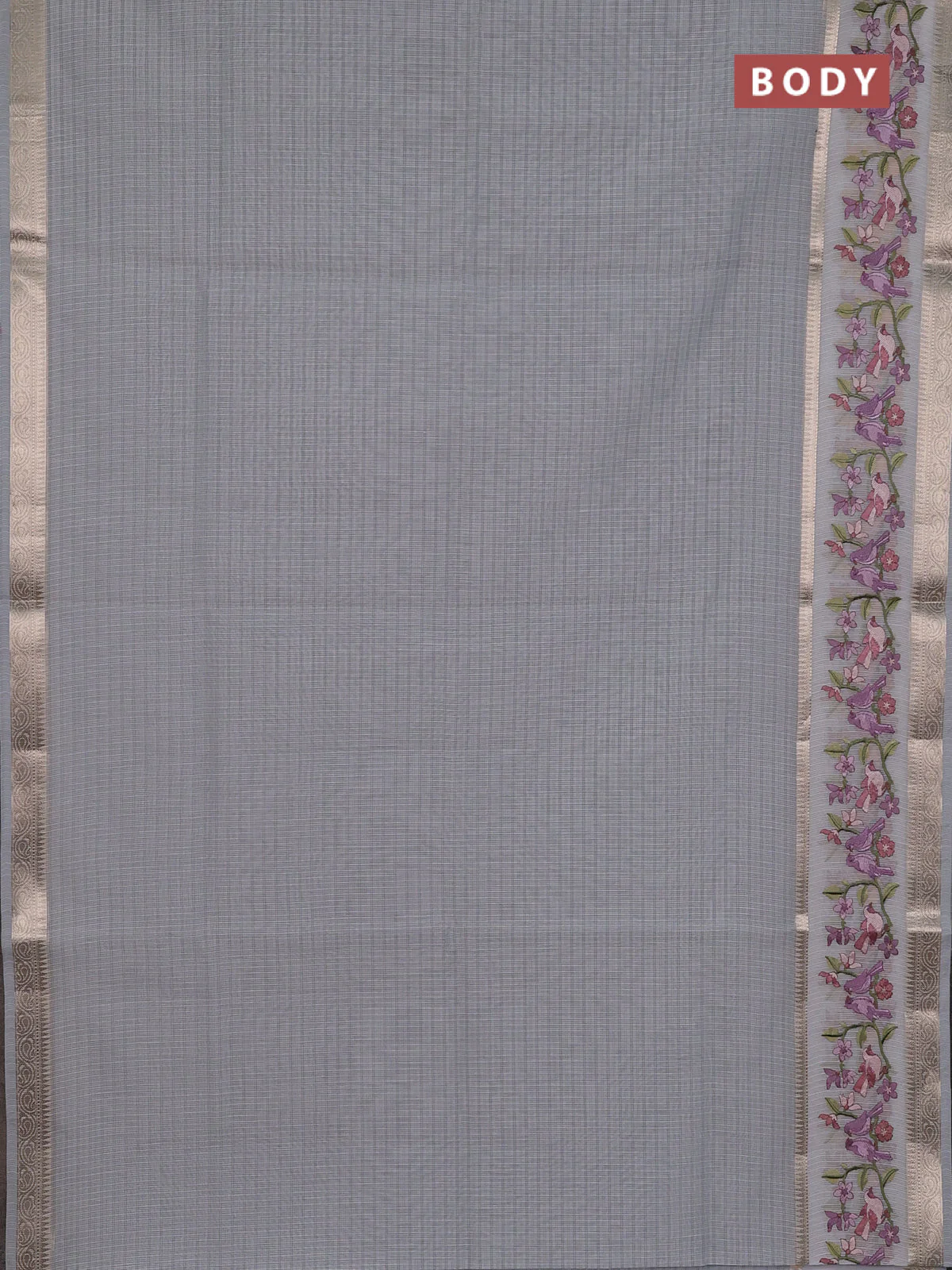Kota saree grey and off white with plain body and embroidery work border - Image 2