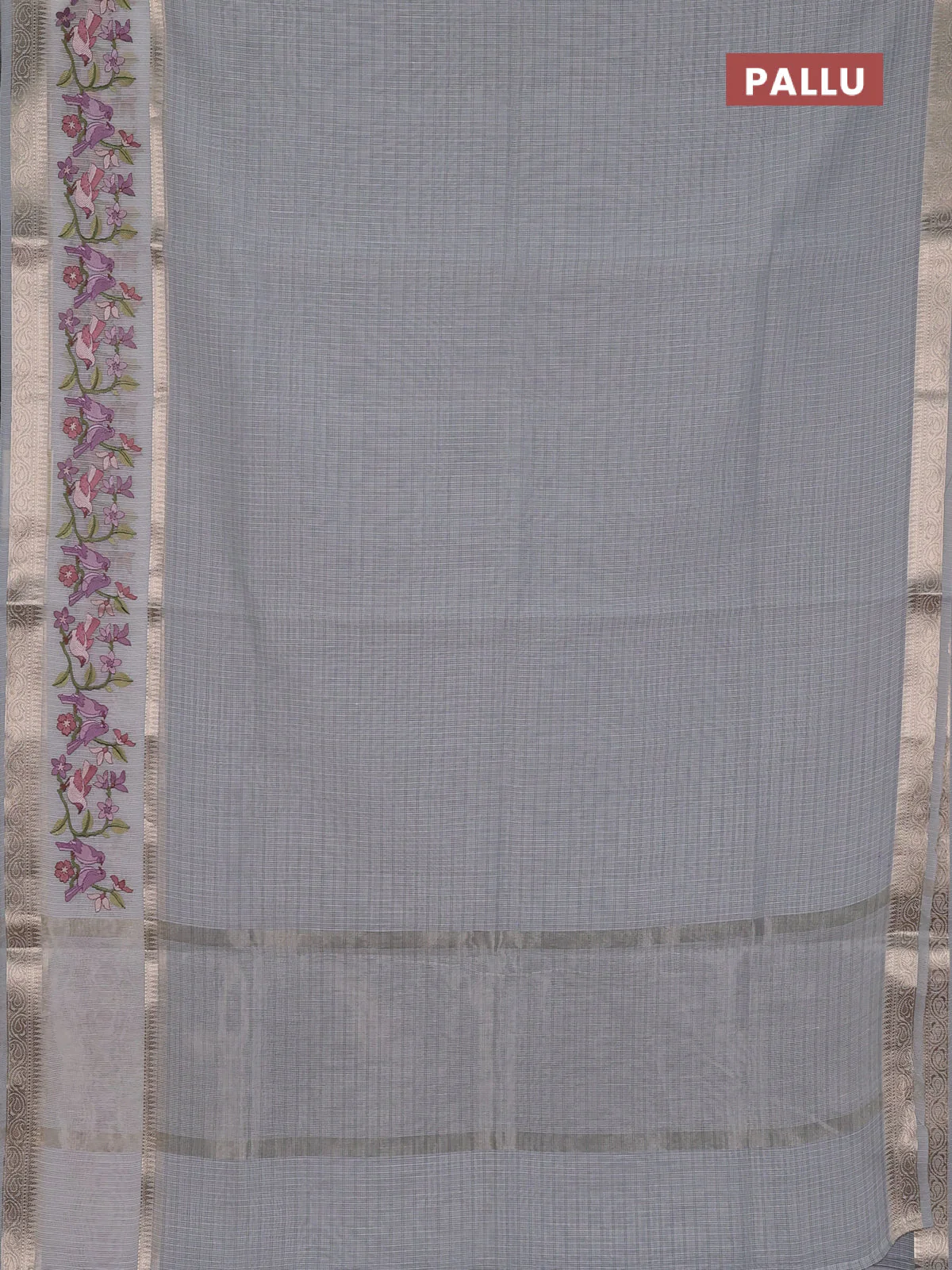 Kota saree grey and off white with plain body and embroidery work border - Image 3