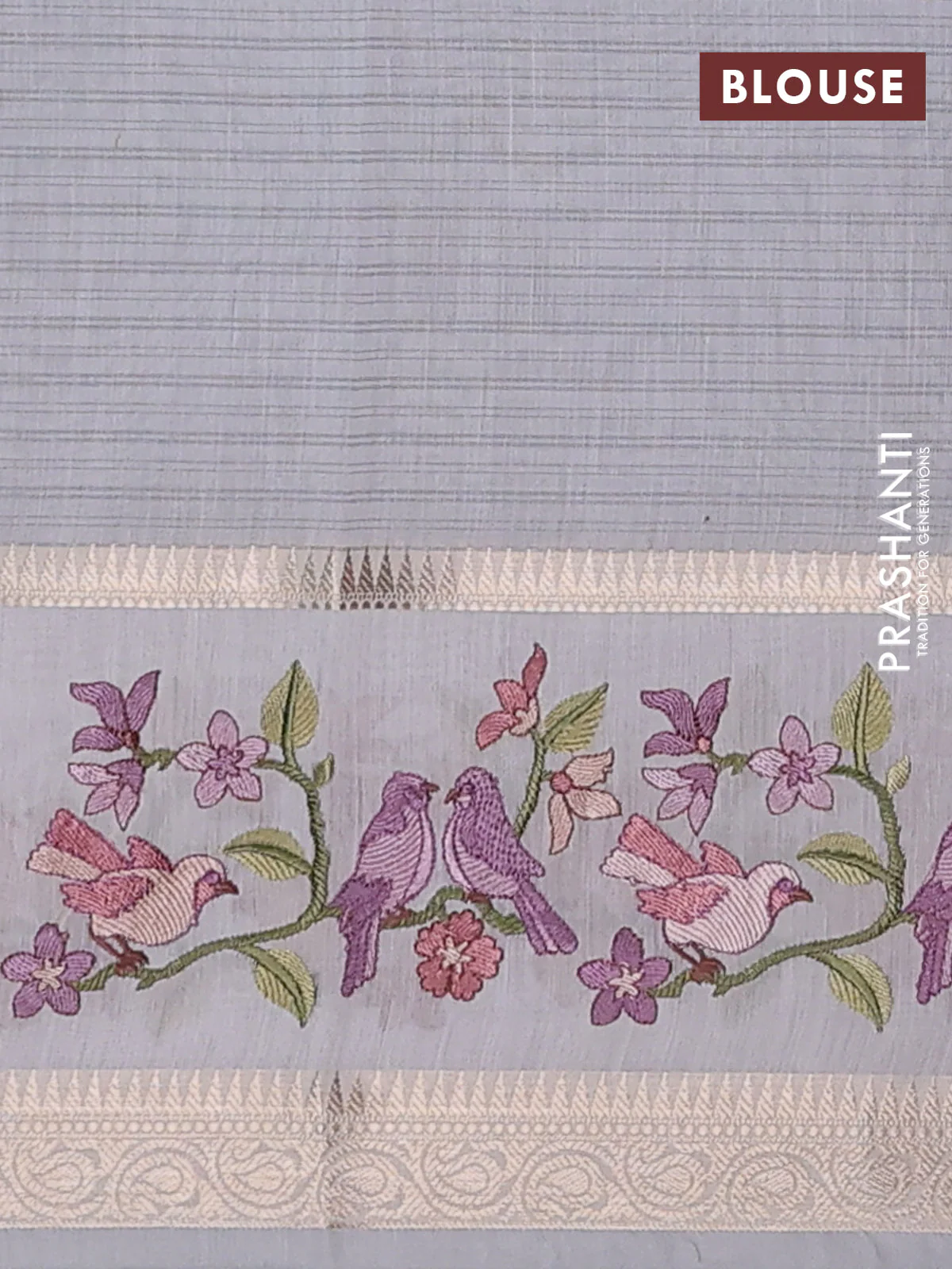 Kota saree grey and off white with plain body and embroidery work border - Image 4