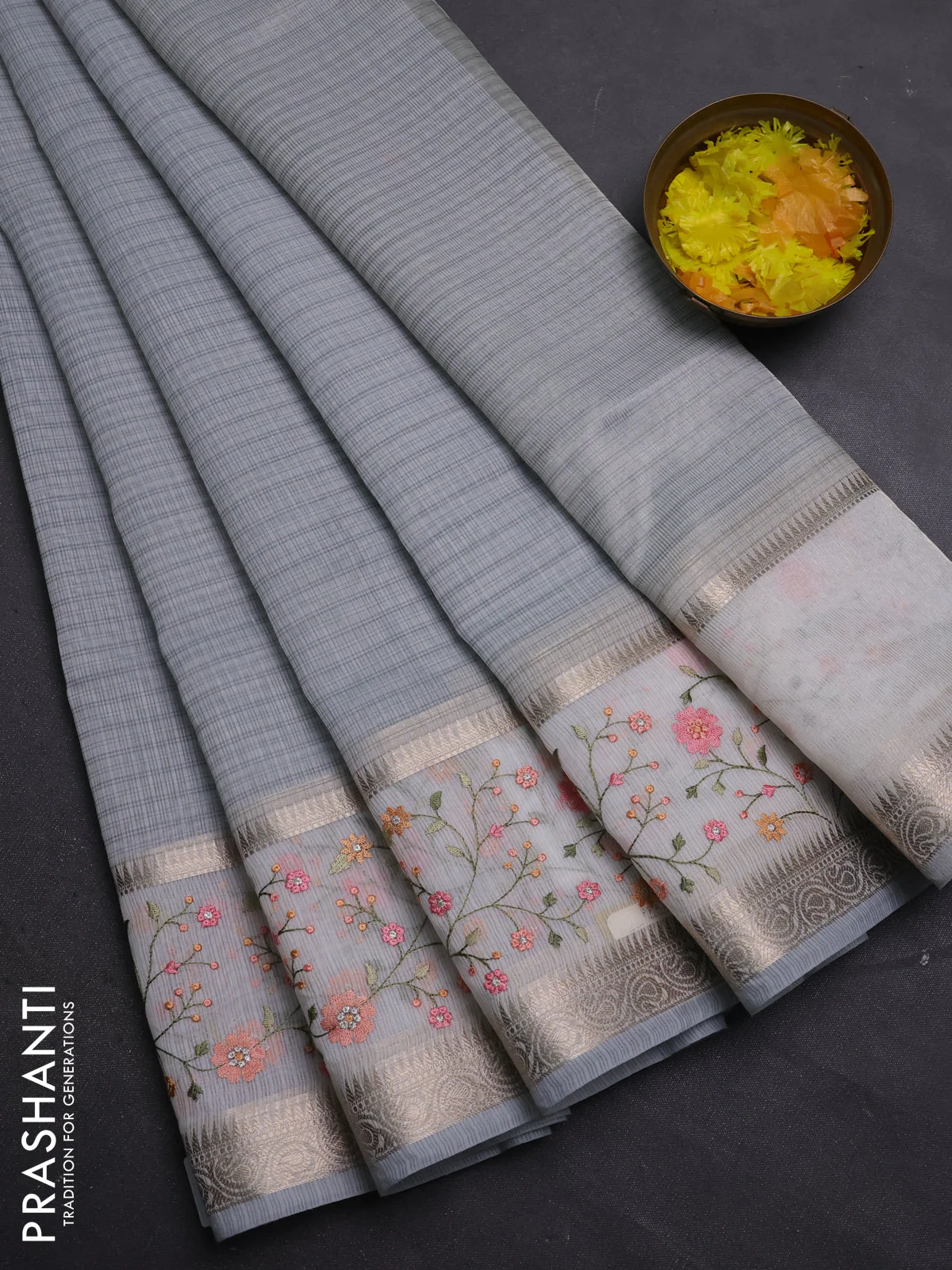 Kota saree grey and off white with plain body and embroidery work border