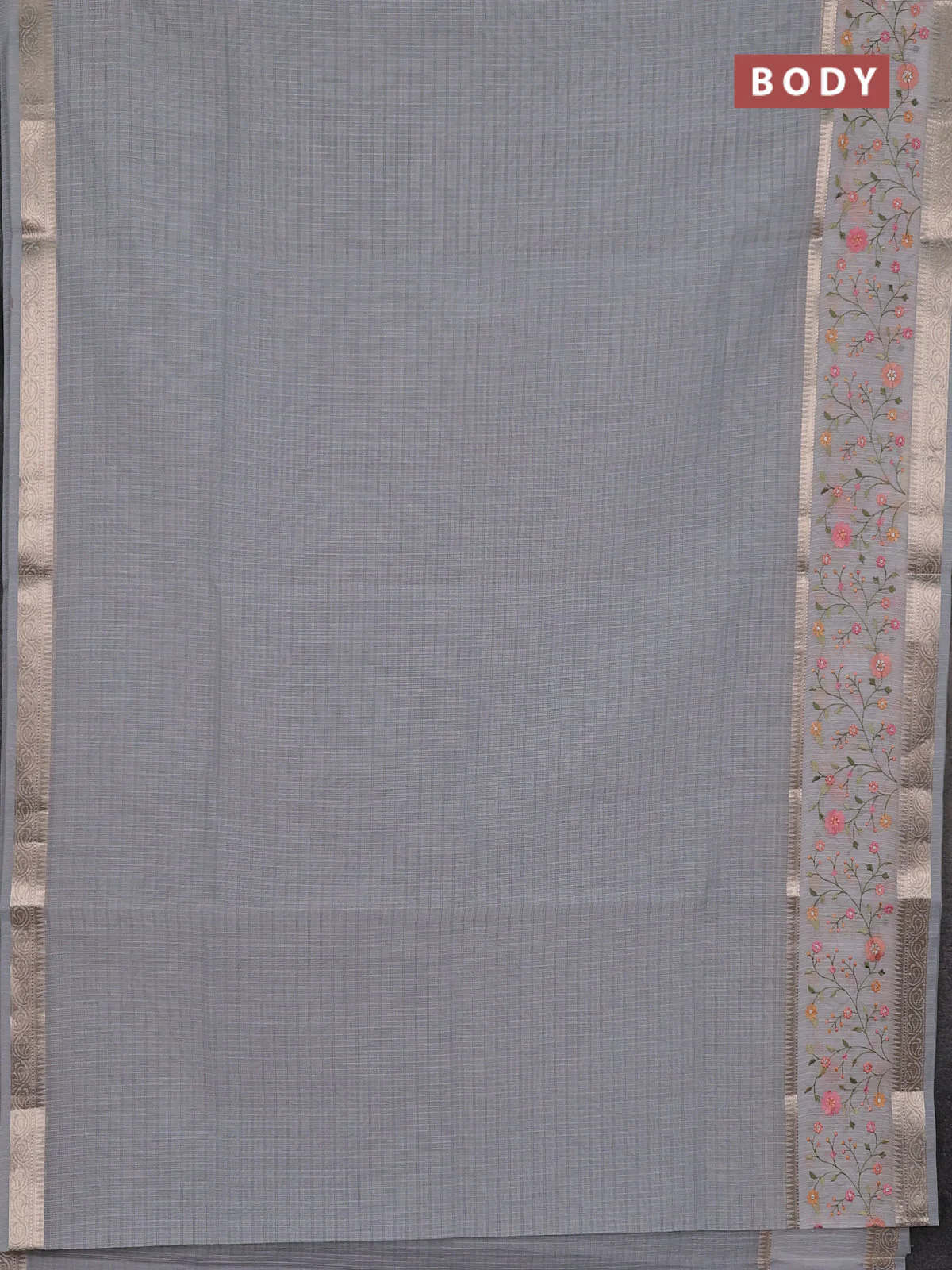 Kota saree grey and off white with plain body and embroidery work border - Image 2