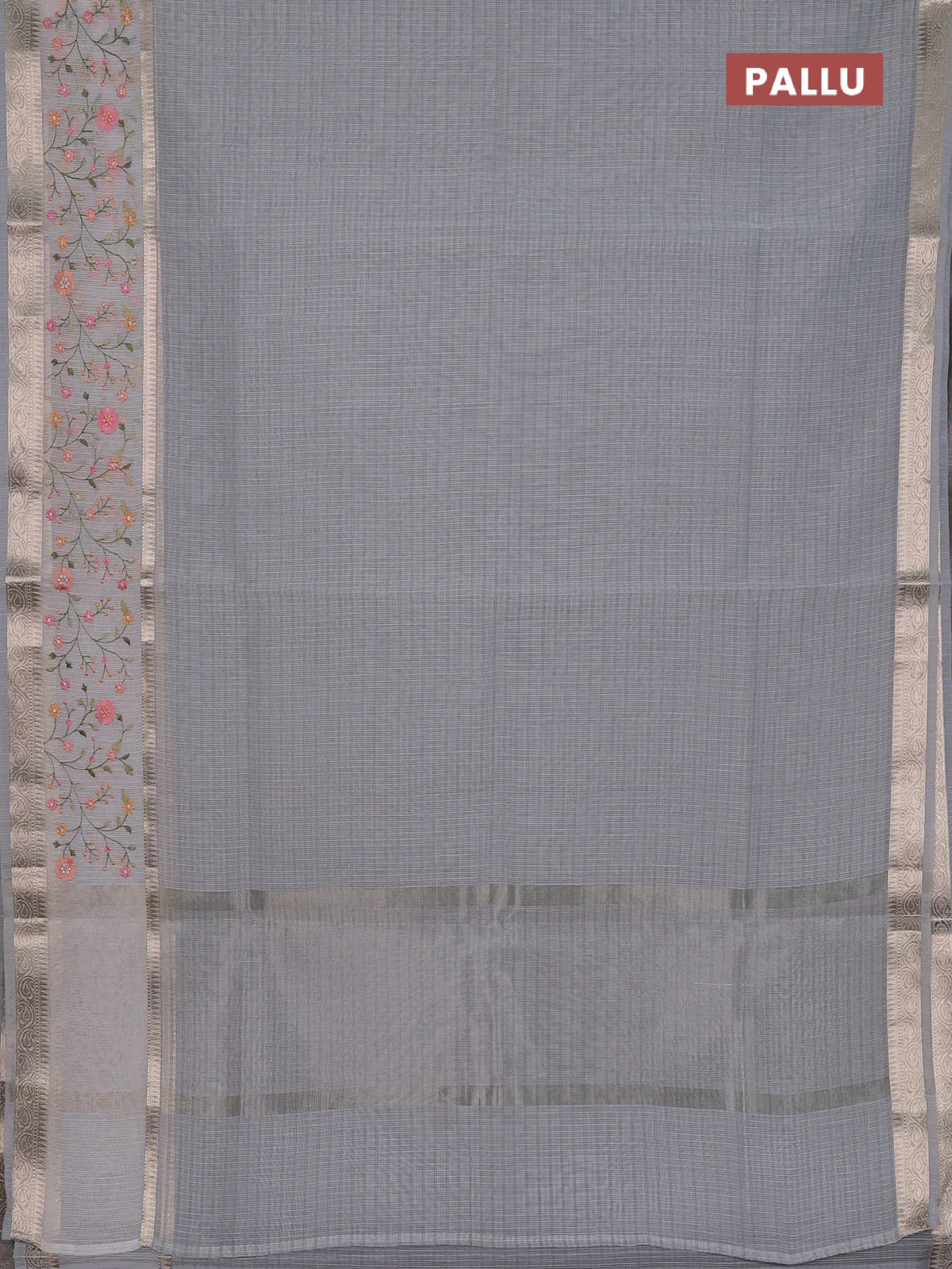 Kota saree grey and off white with plain body and embroidery work border - Image 3