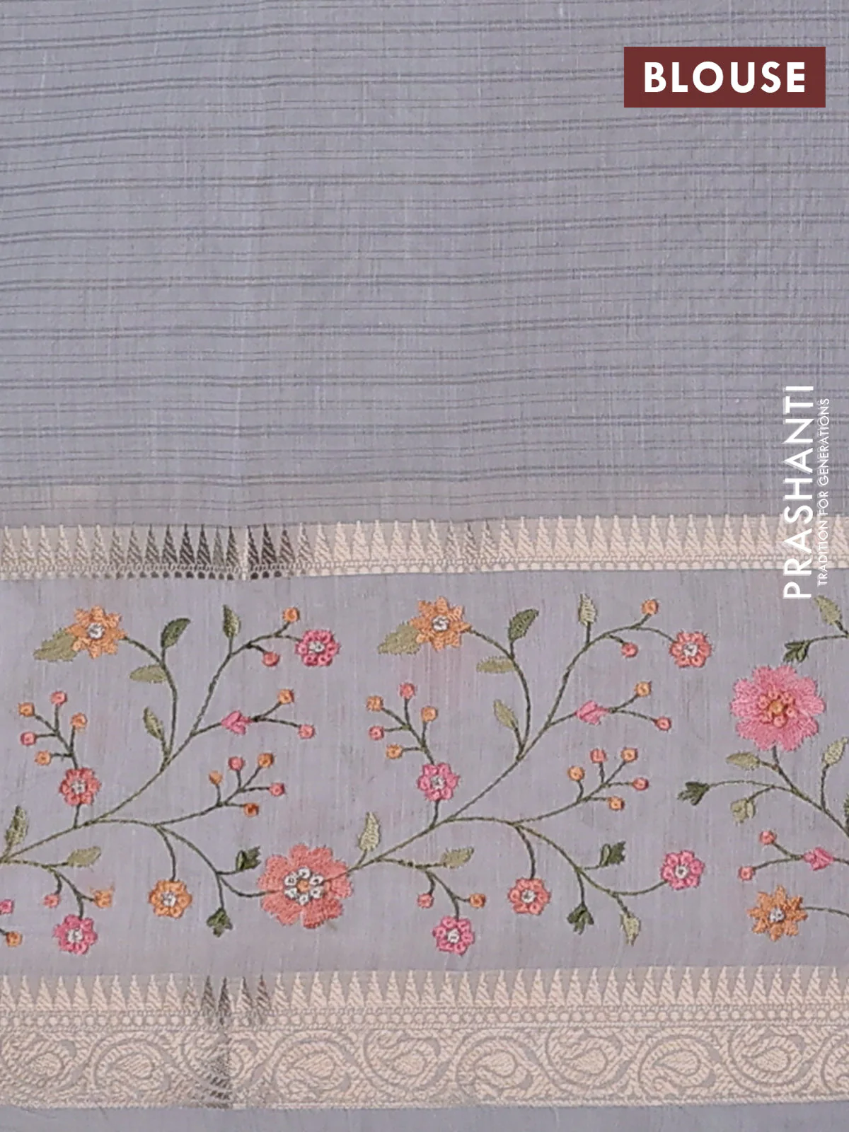 Kota saree grey and off white with plain body and embroidery work border - Image 4