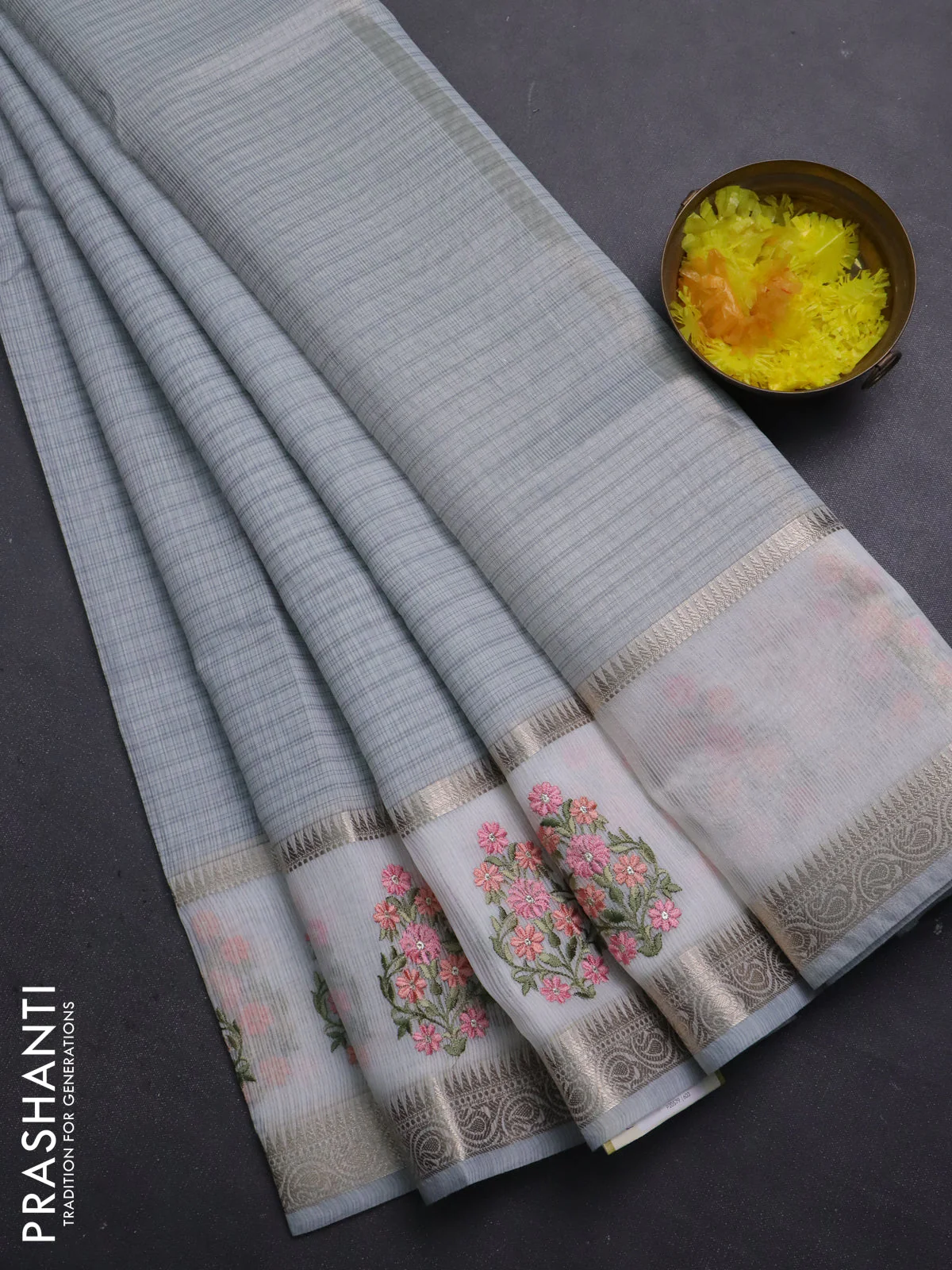 Kota saree grey and off white with plain body and embroidery work border