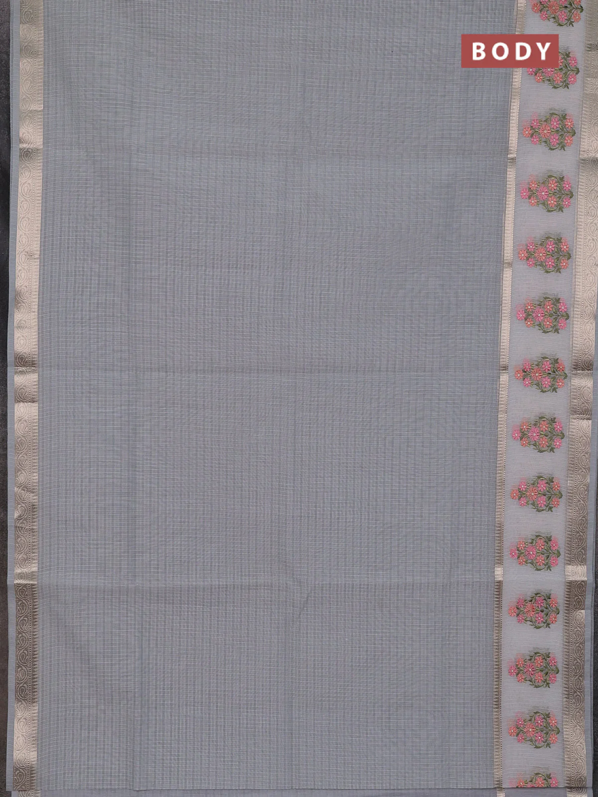 Kota saree grey and off white with plain body and embroidery work border - Image 2