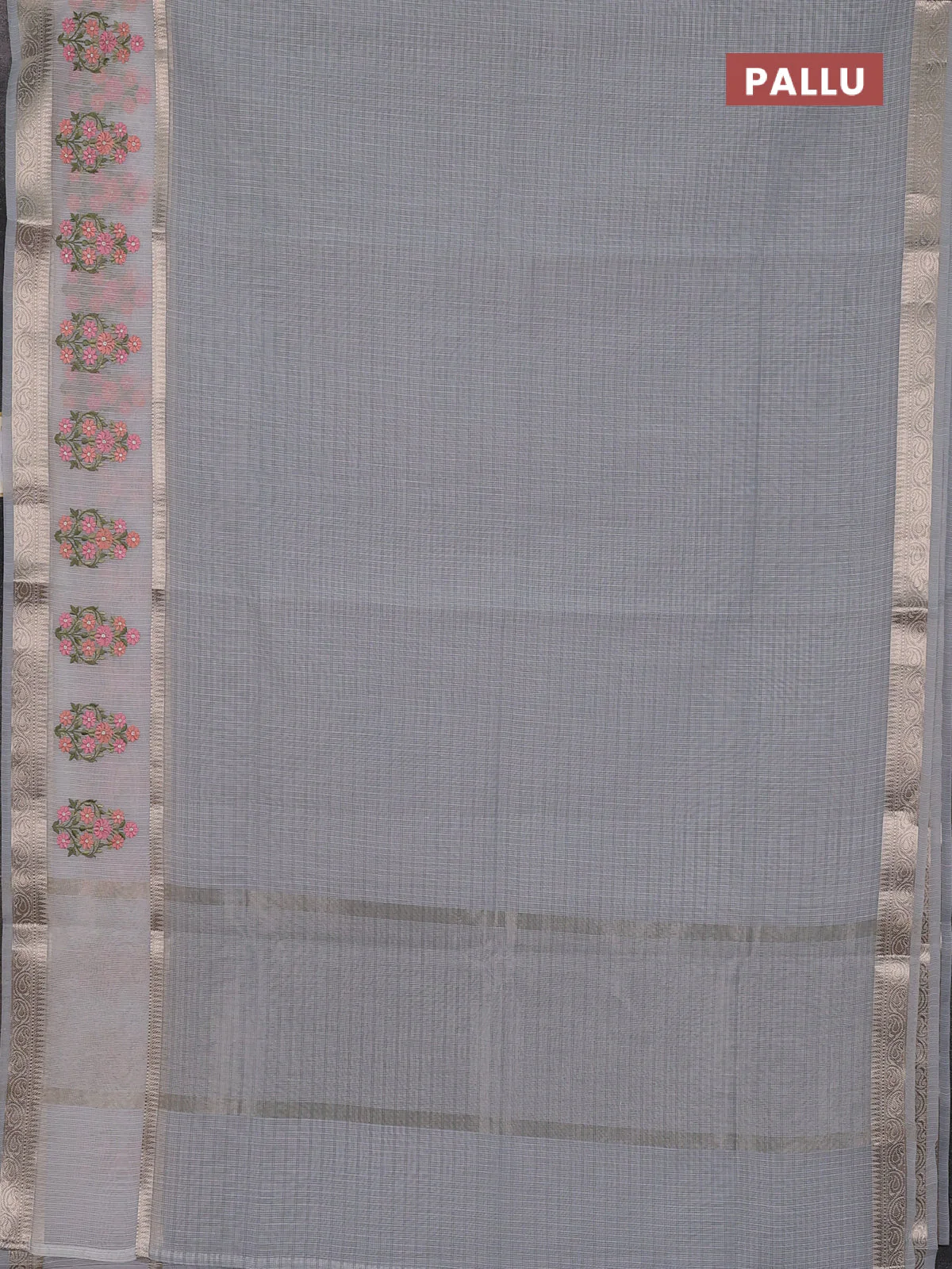 Kota saree grey and off white with plain body and embroidery work border - Image 3