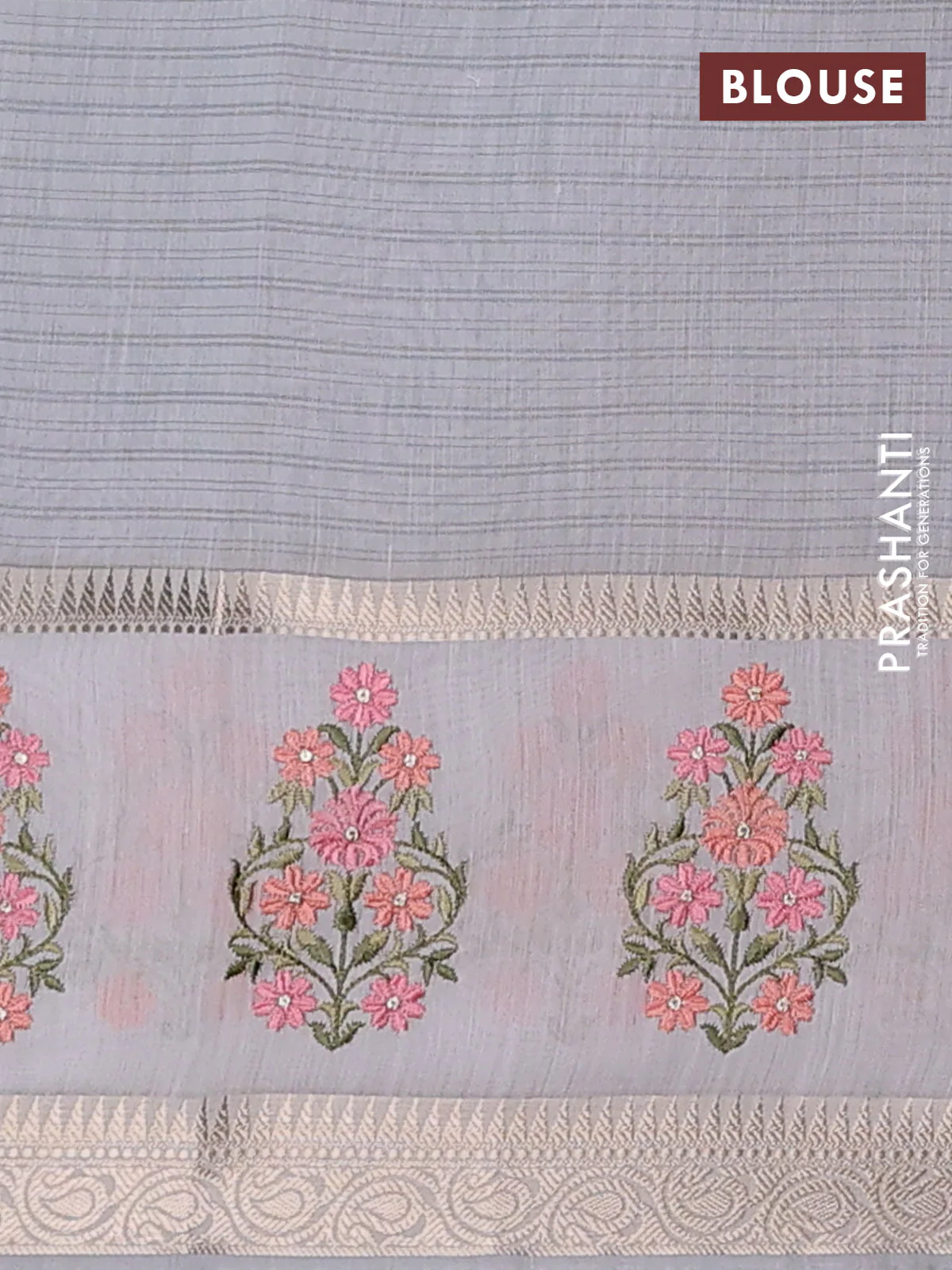 Kota saree grey and off white with plain body and embroidery work border - Image 4