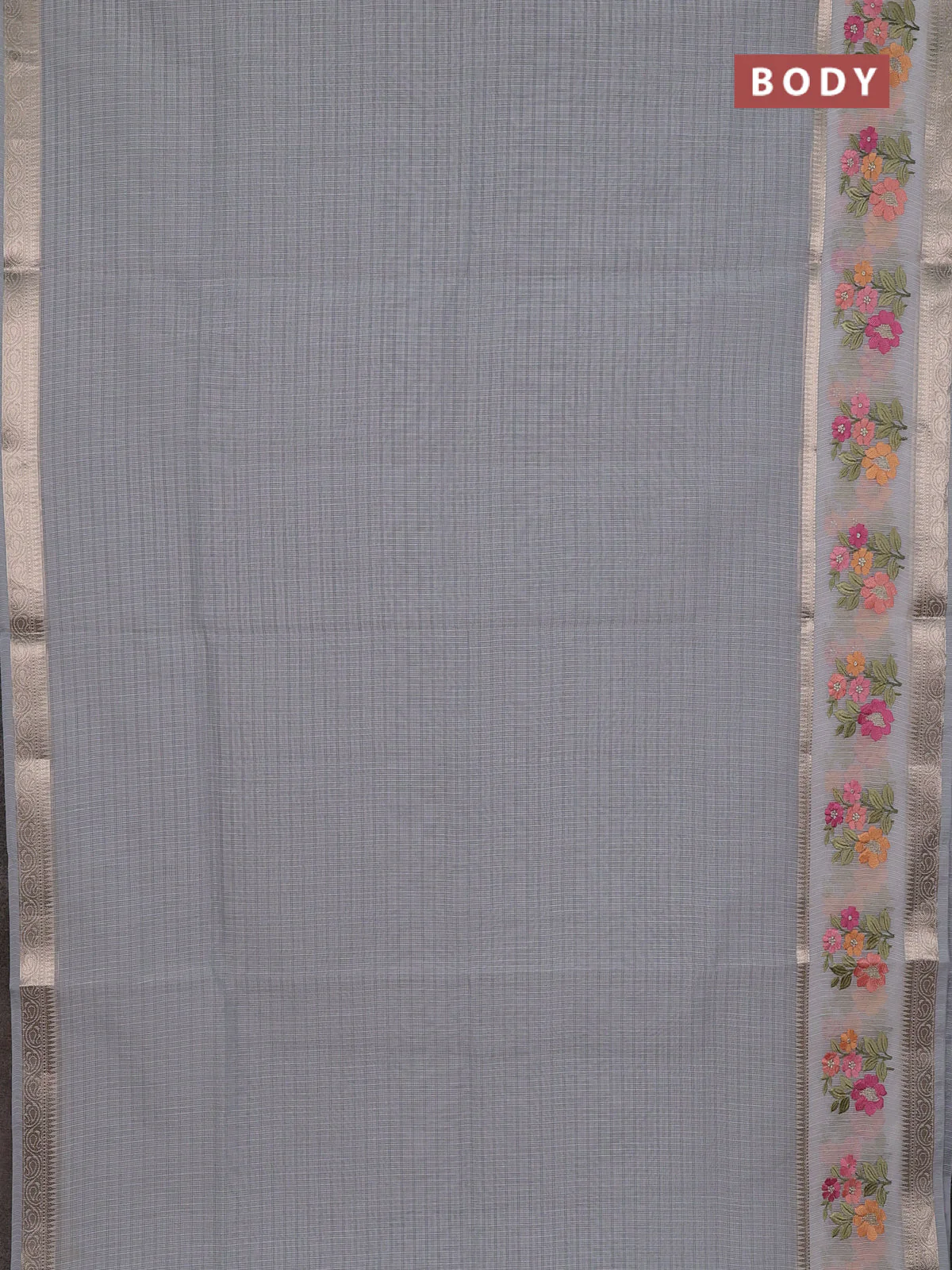 Kota saree grey and off white with plain body and embroidery work border - Image 2