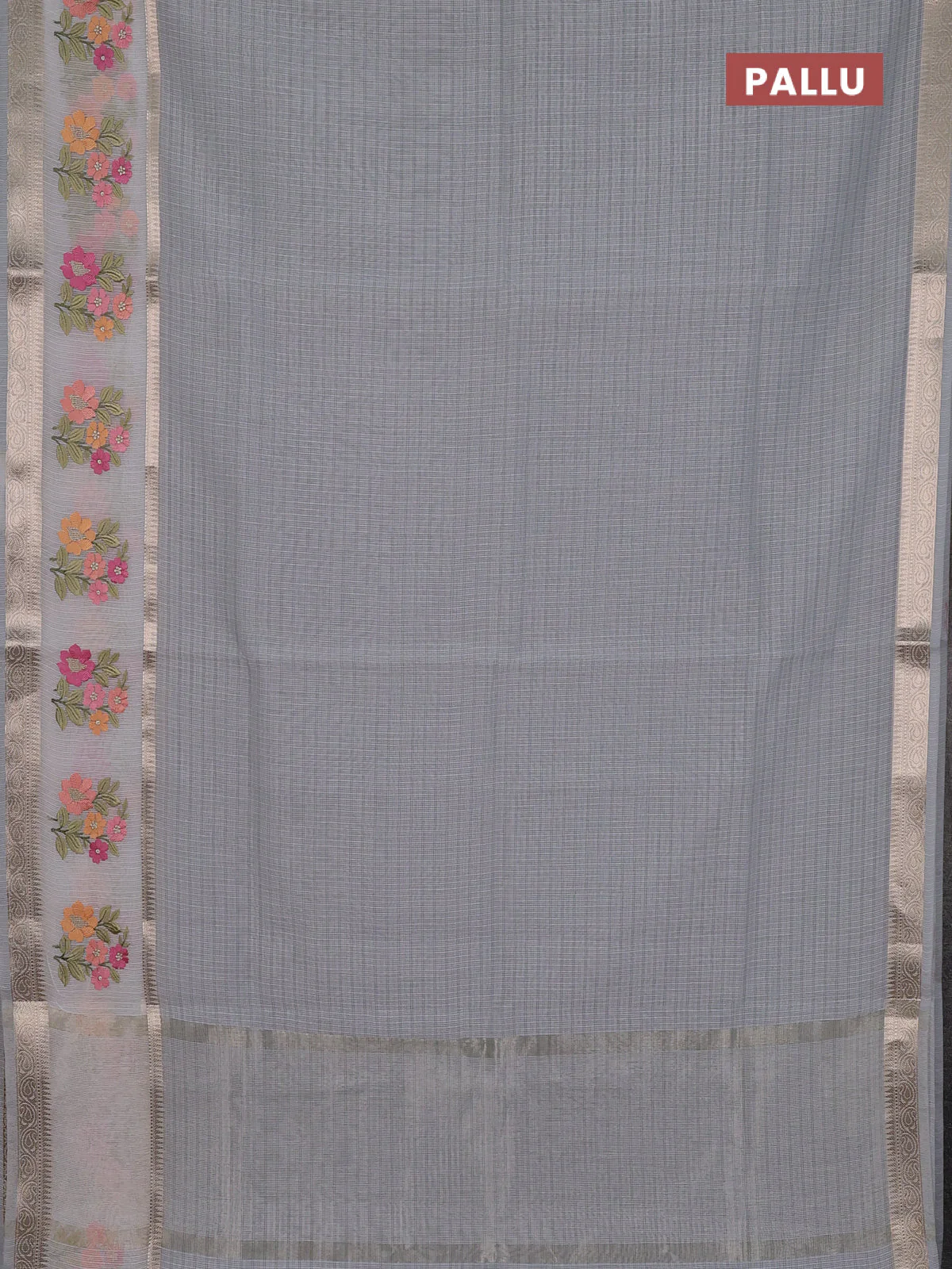 Kota saree grey and off white with plain body and embroidery work border - Image 3