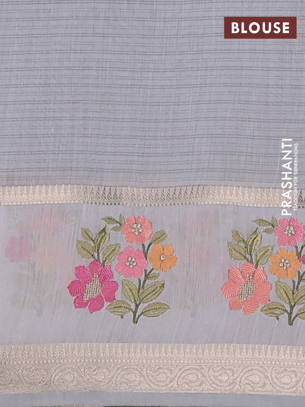 Kota saree grey and off white with plain body and embroidery work border - Image 4