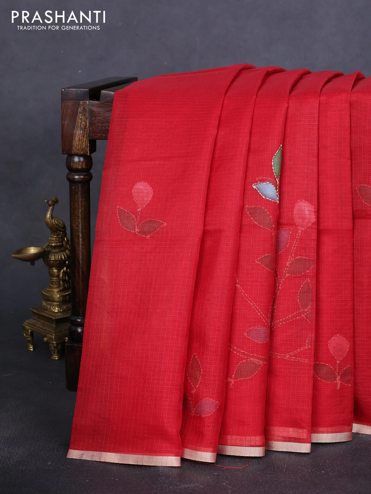 Kota saree kumkum red with hand prints & kantha stitch work and zari woven piping border - Image 2