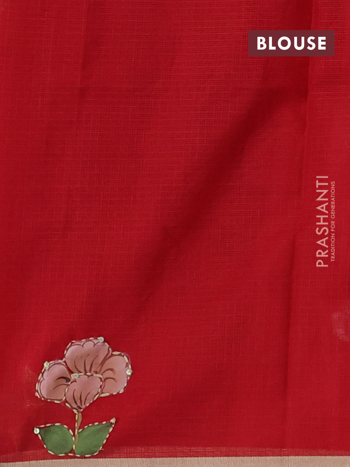 Kota saree kumkum red with hand prints & kantha stitch work and zari woven piping border - Image 3