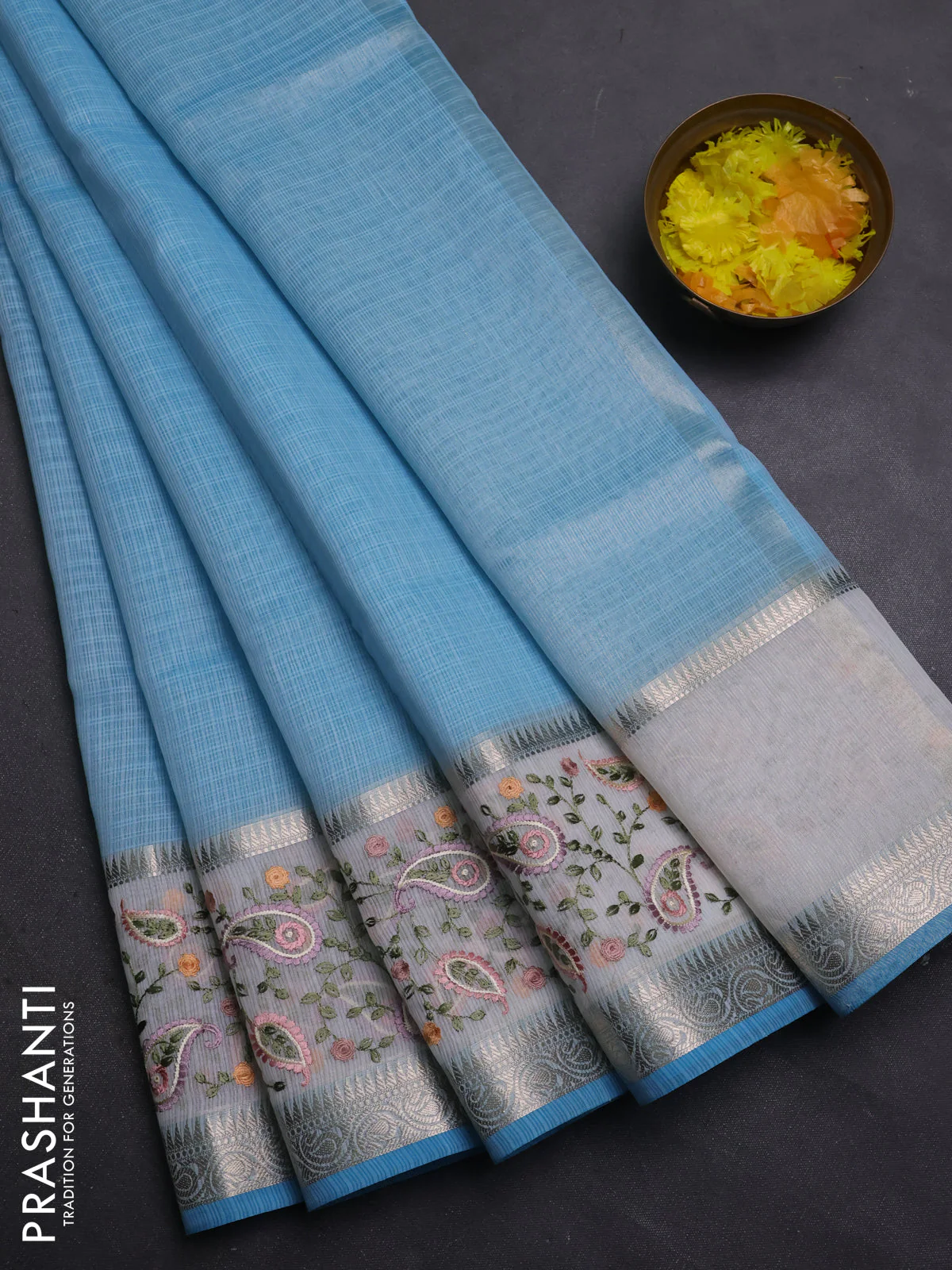 Kota saree light blue and off white with plain body and embroidery work border