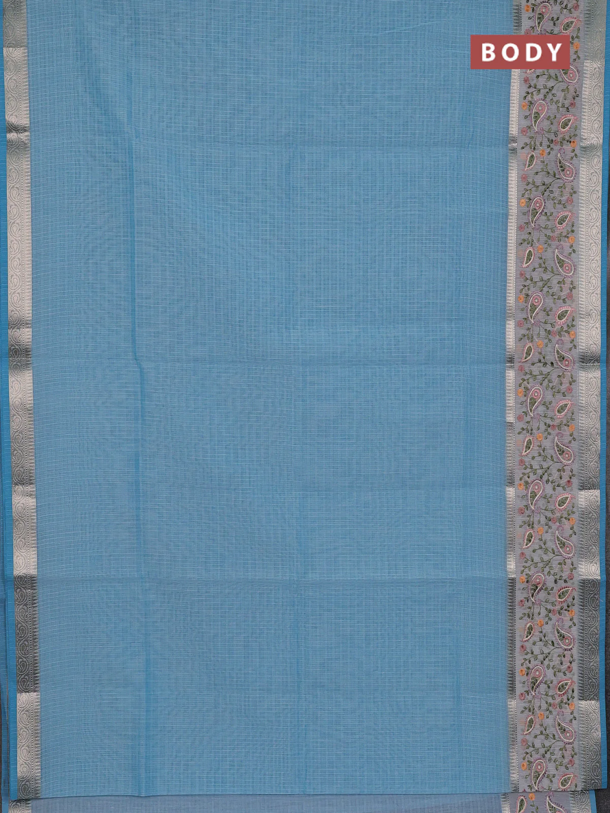 Kota saree light blue and off white with plain body and embroidery work border - Image 2