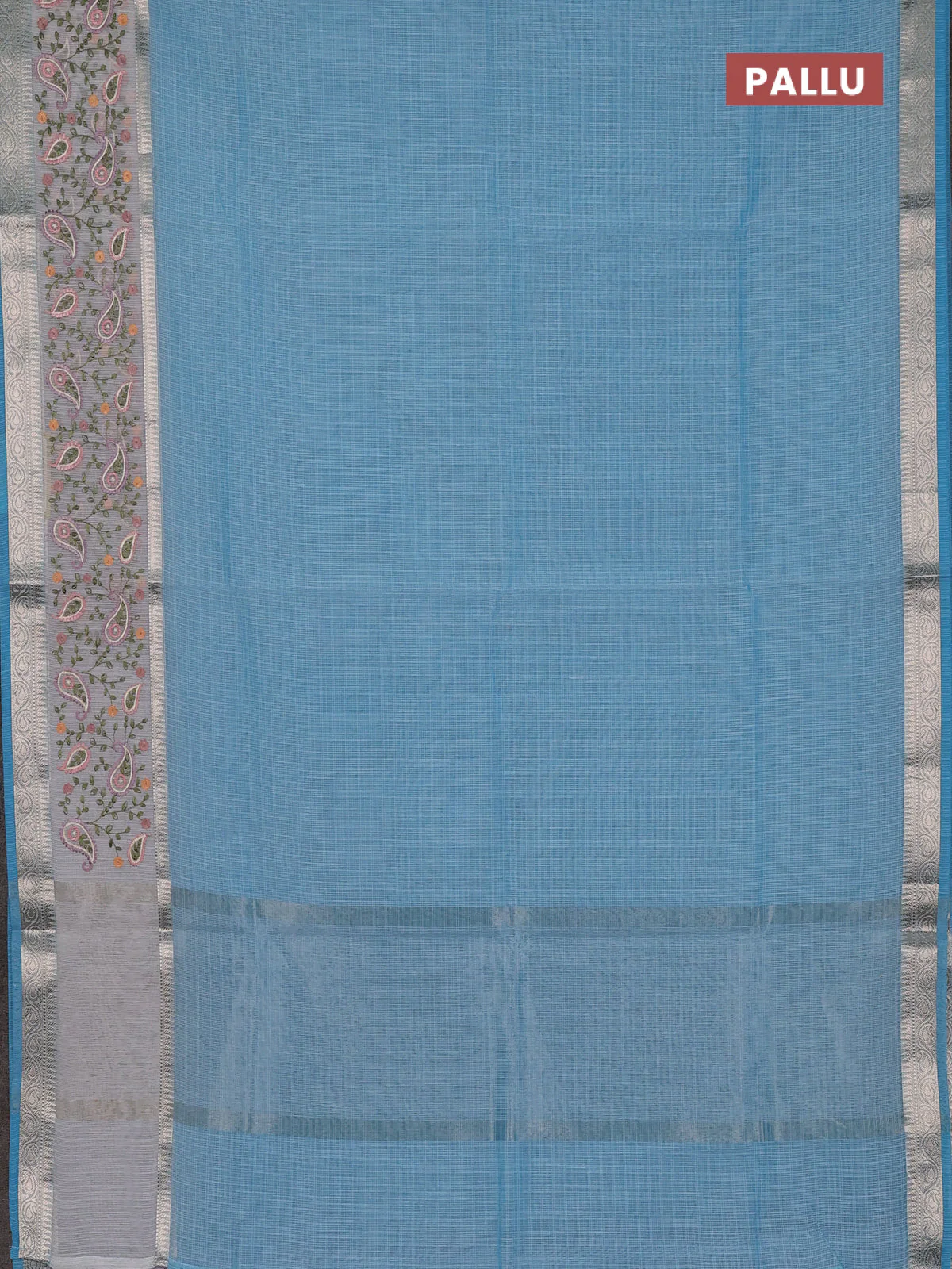 Kota saree light blue and off white with plain body and embroidery work border - Image 3