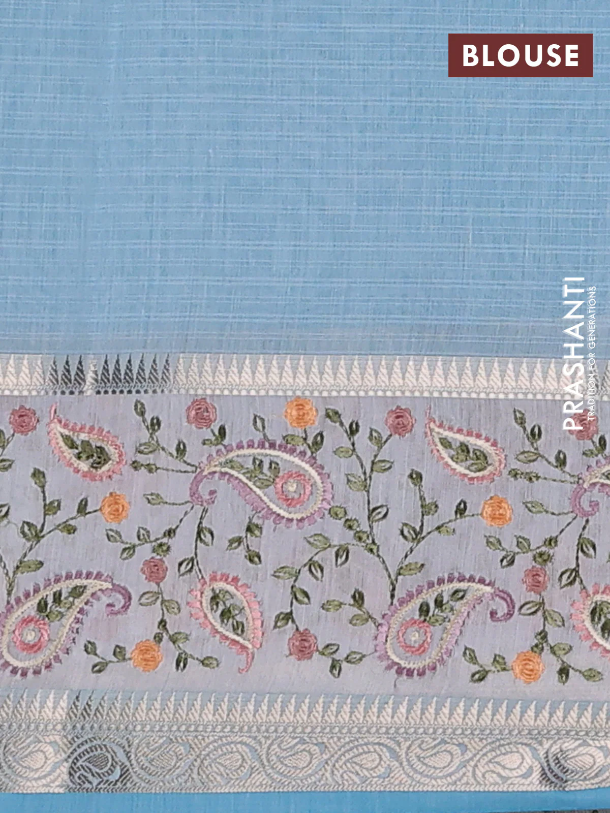 Kota saree light blue and off white with plain body and embroidery work border - Image 4