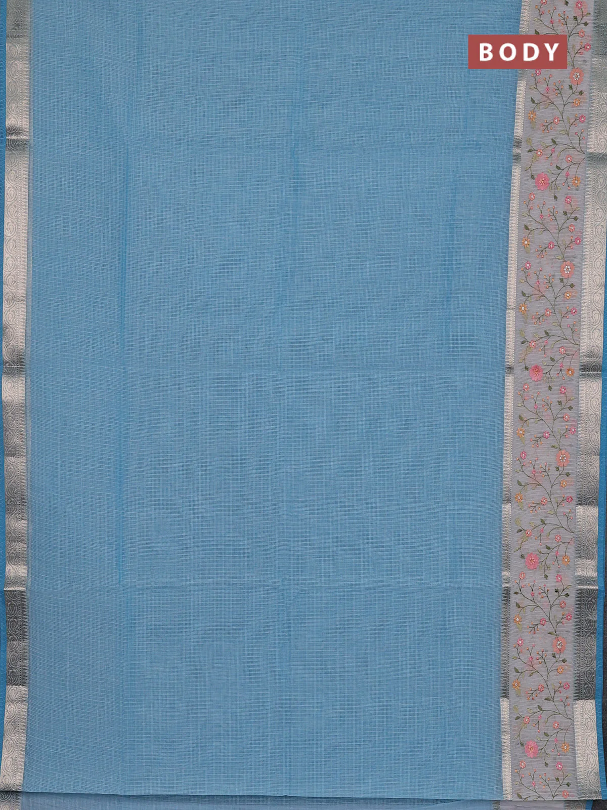 Kota saree light blue and off white with plain body and embroidery work border - Image 2