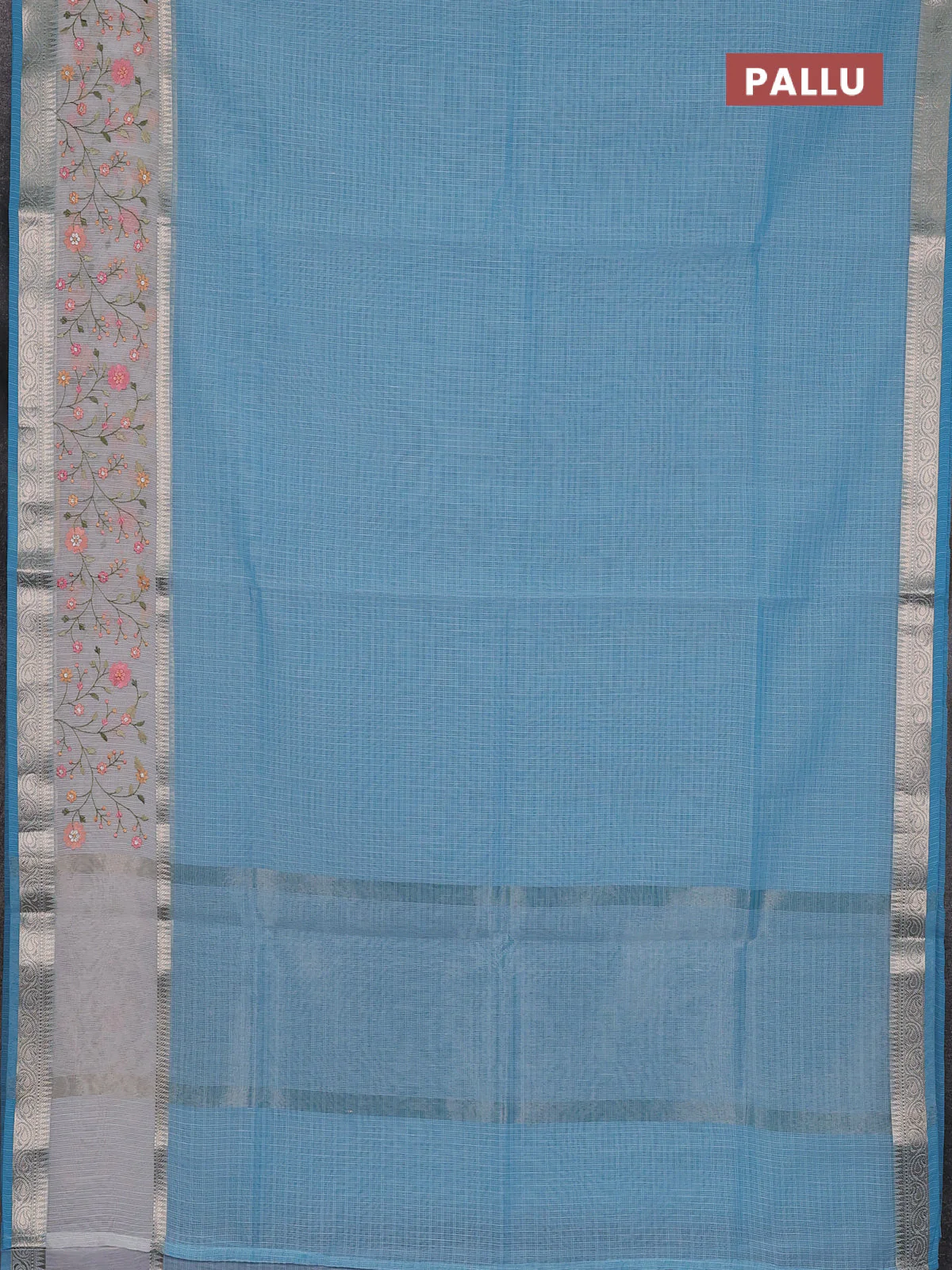 Kota saree light blue and off white with plain body and embroidery work border - Image 3