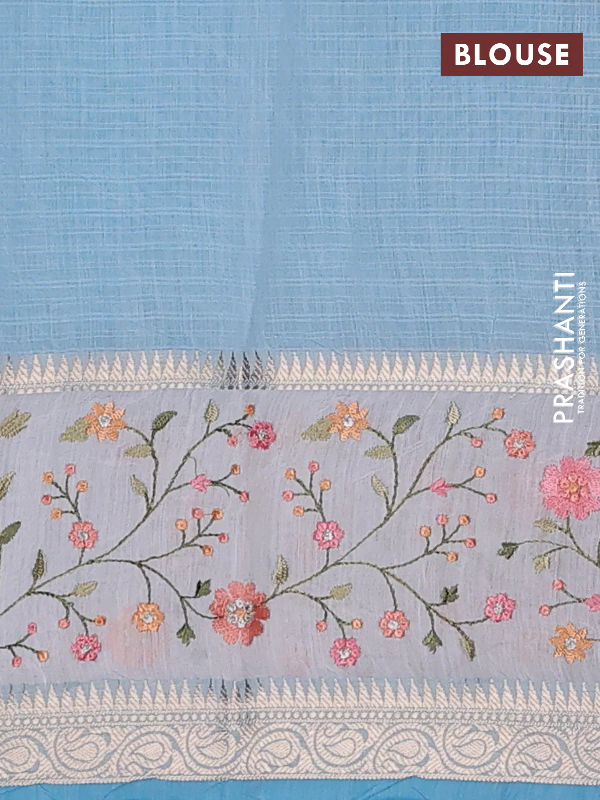 Kota saree light blue and off white with plain body and embroidery work border - Image 4