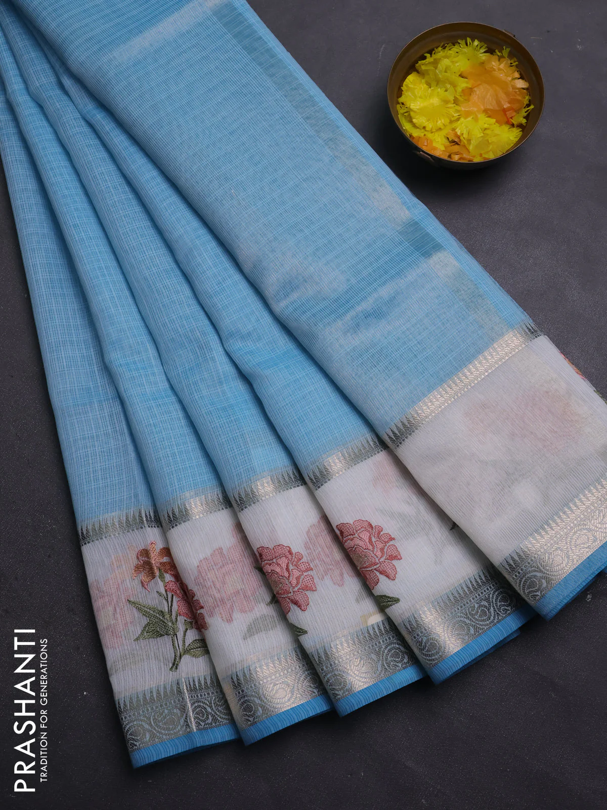 Kota saree light blue and off white with plain body and embroidery work border
