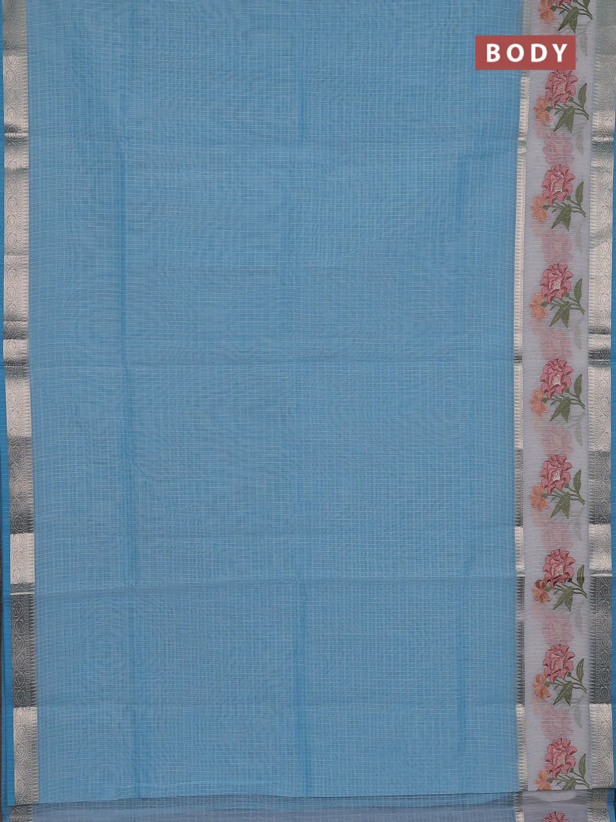 Kota saree light blue and off white with plain body and embroidery work border - Image 2