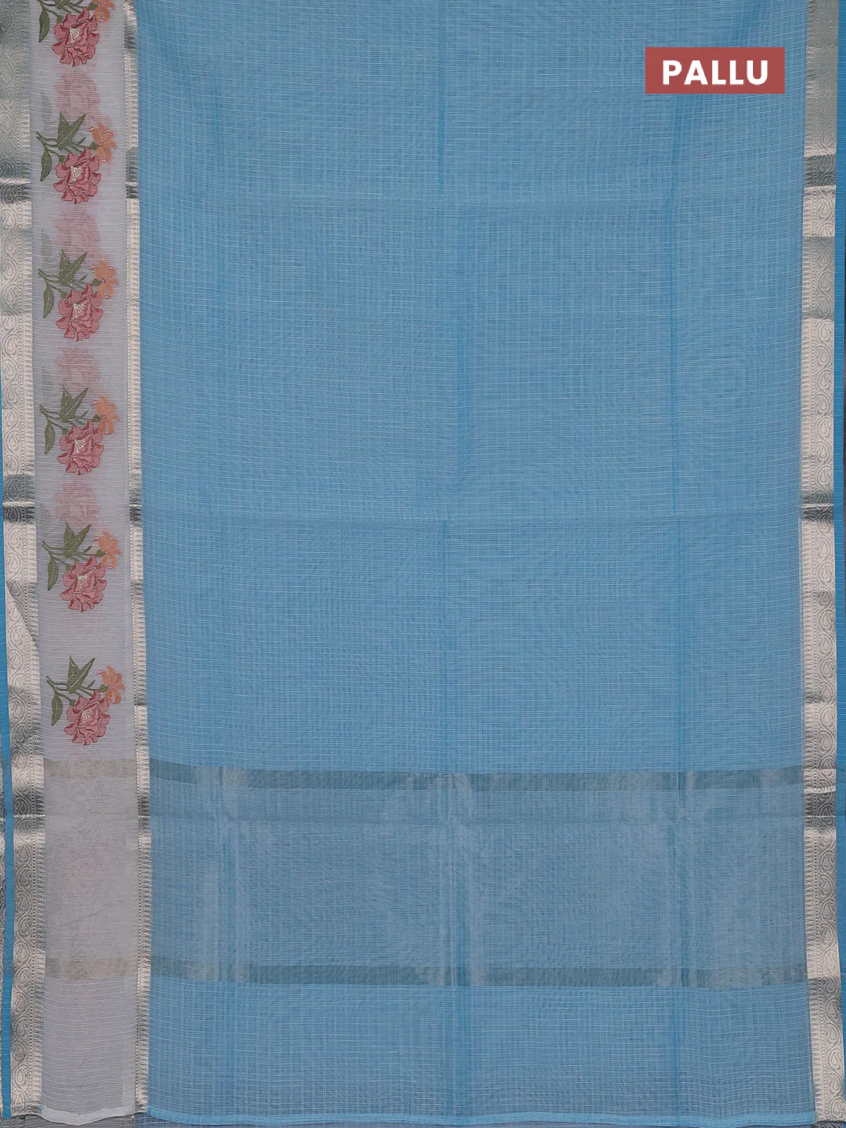 Kota saree light blue and off white with plain body and embroidery work border - Image 3
